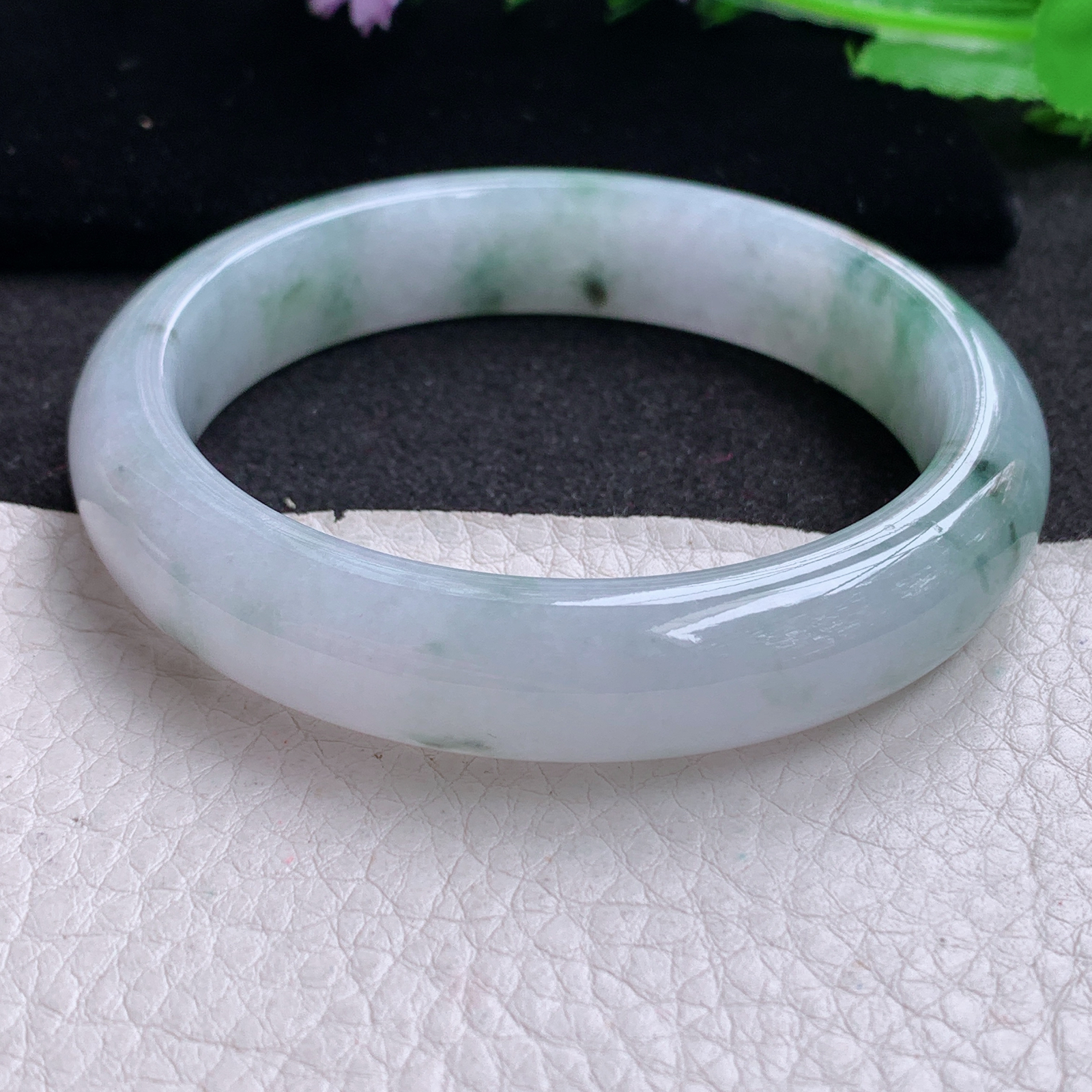 xx实拍58*12.7*8平安镯 天然缅甸翡翠A货玉手镯牛奶底冰飘花宽边玉手环