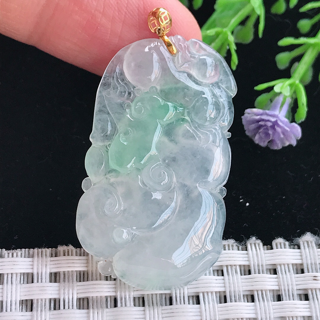 实拍A货翡翠38.3/22.2/5.6老坑18k金镶嵌冰种飘绿如意吊坠翡翠挂件