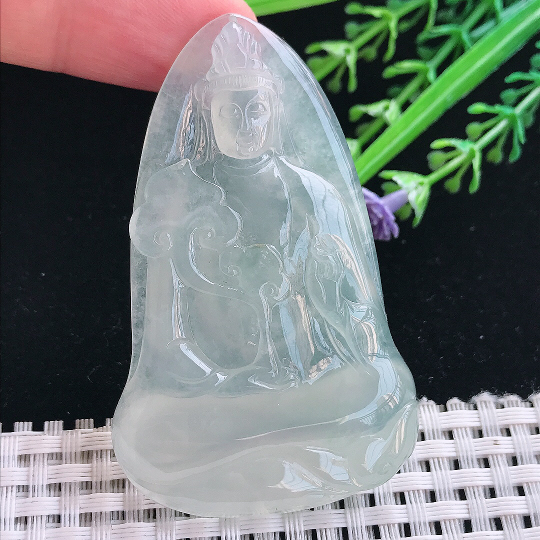 实拍A货翡翠64/40/7.5老坑冰种果冻胶素衣观音吊坠翡翠挂件