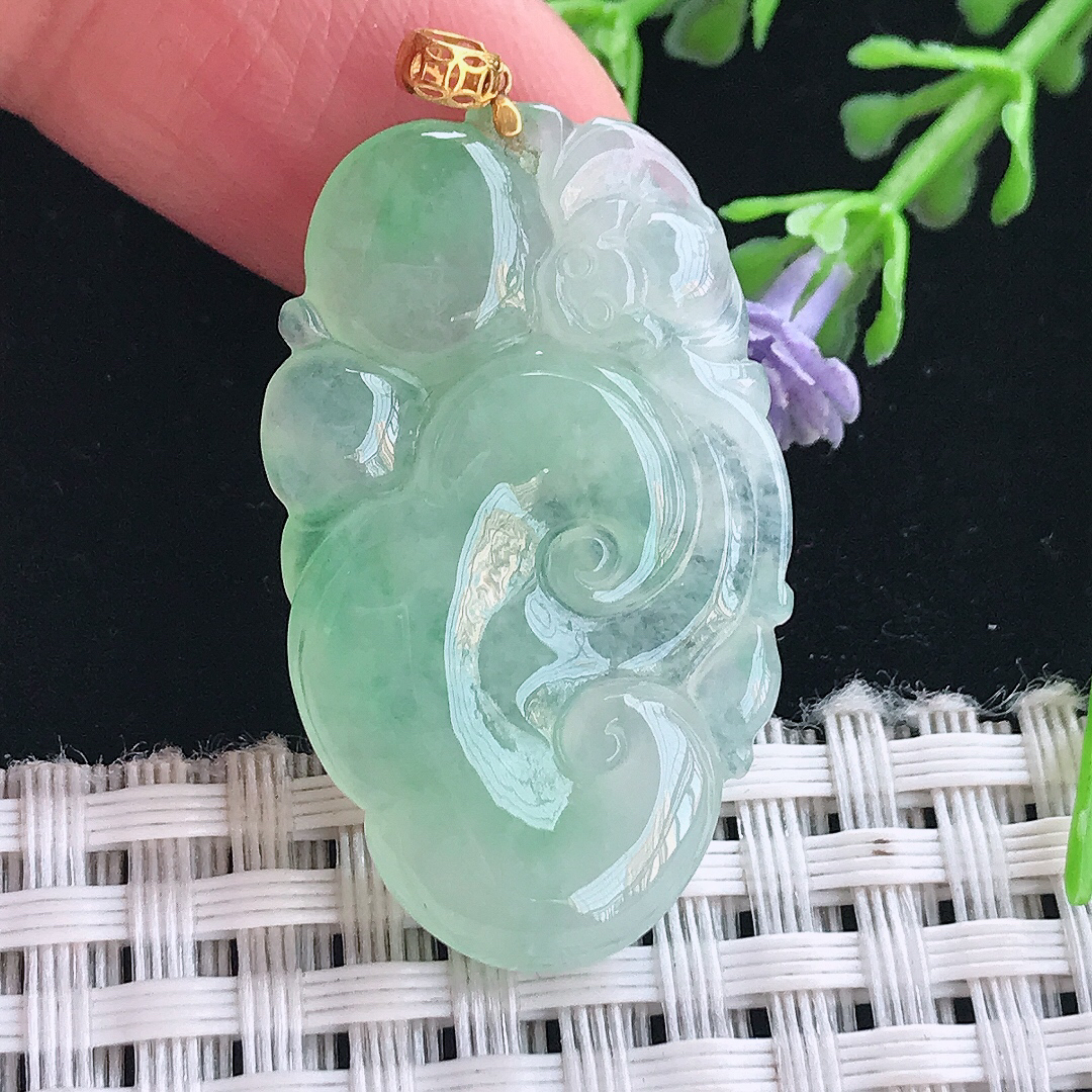 实拍A货翡翠34/20/5老坑18k金镶嵌冰晴绿如意吊坠翡翠挂件