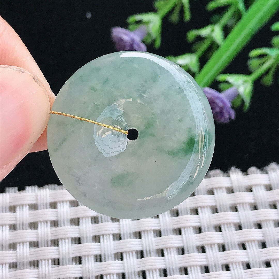 实拍A货翡翠28.2/5.6老坑冰透起胶飘花平安扣吊坠翡翠挂件