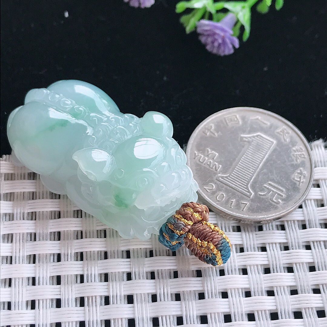 实拍A货翡翠37.2/21/12.8老坑秀气油润飘花招财貔貅吊坠翡翠挂件