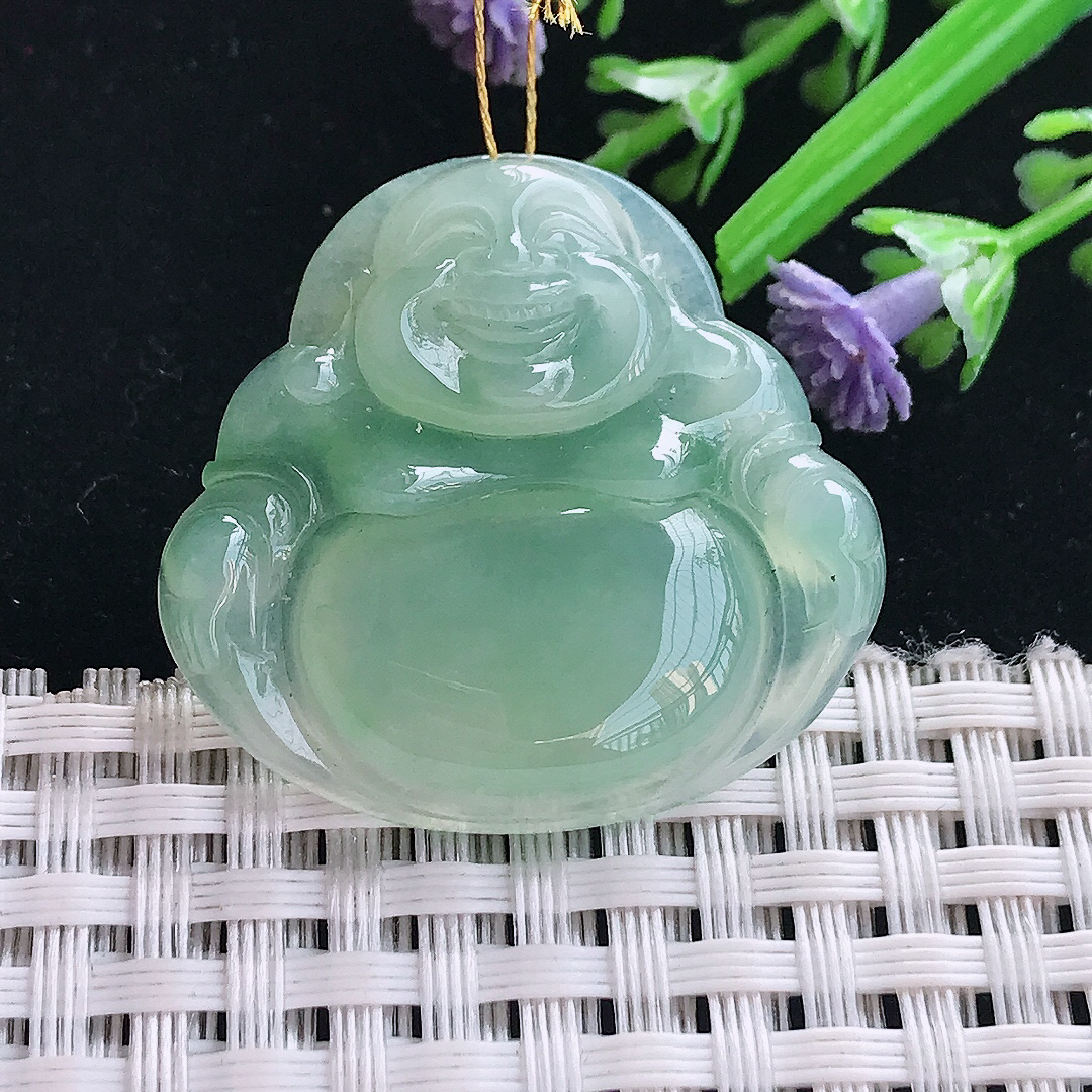 实拍A货翡翠31/32.8/5.5老坑冰润果冻胶冰晴绿佛公吊坠翡翠挂件