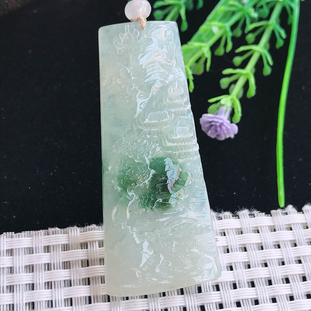 实拍A货翡翠59/26/6老坑冰胶飘花山水牌吊坠翡翠挂件