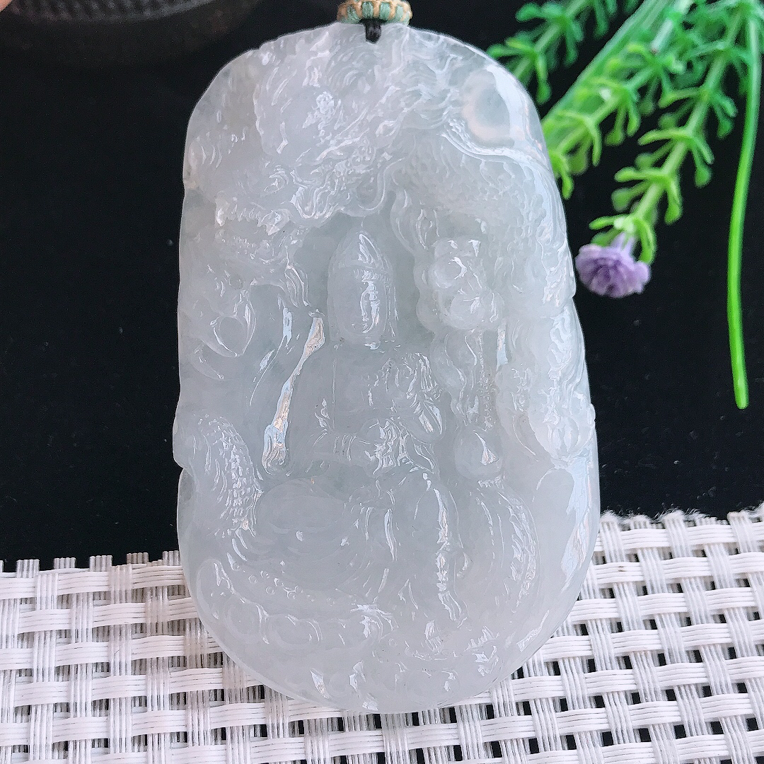 实拍A货翡翠75.5/46.8/11老坑冰胶水灵御龙观音吊坠翡翠挂件