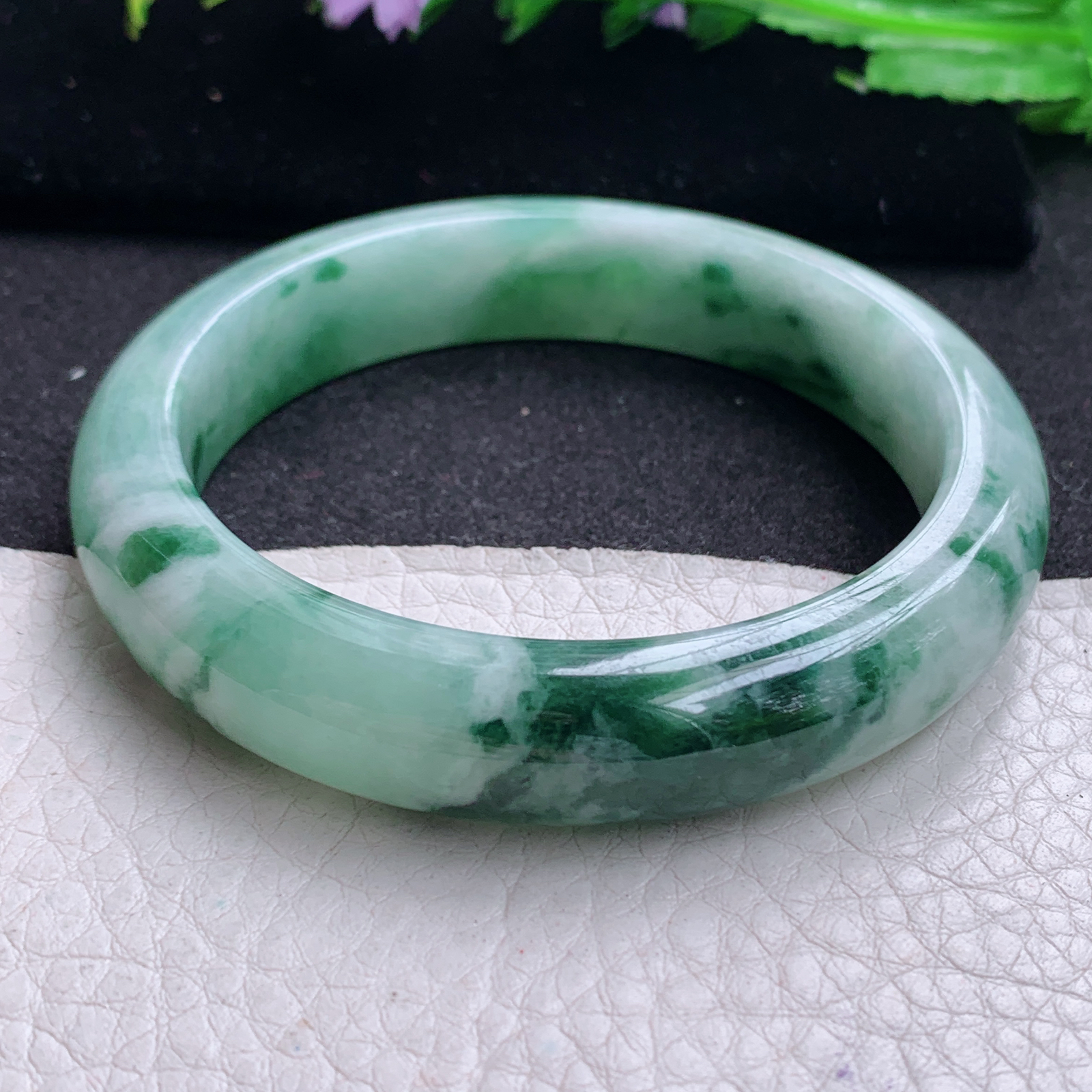 yw 实拍57.5*12.7*8.5平安镯 天然缅甸翡翠A货玉手镯胶感飘花宽边玉手环
