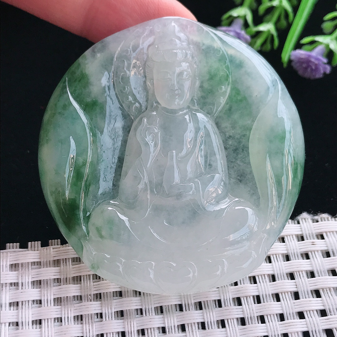 实拍A货翡翠56.3/7.6老坑冰胶果冻飘花素衣观音吊坠翡翠圆牌挂件