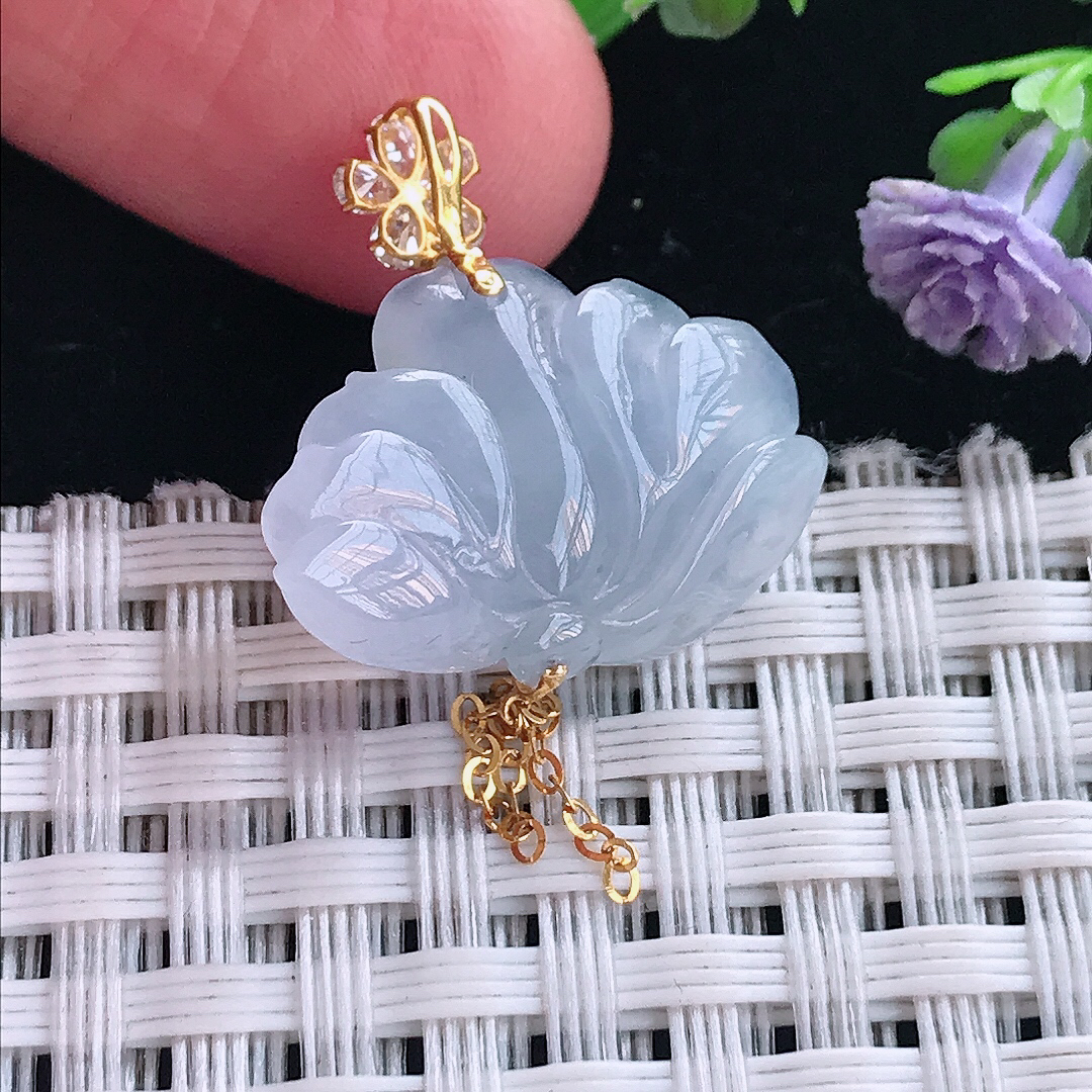 实拍A货翡翠21.7/15/8老坑18k金镶嵌冰润紫罗兰莲花吊坠翡翠挂件