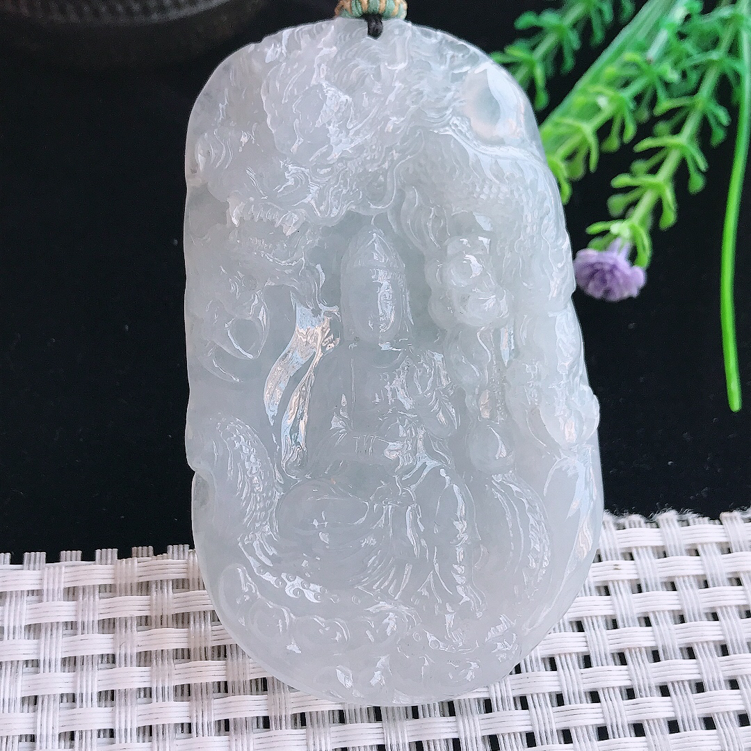 实拍A货翡翠75.5/46.8/11老坑冰胶水灵御龙观音吊坠翡翠挂件