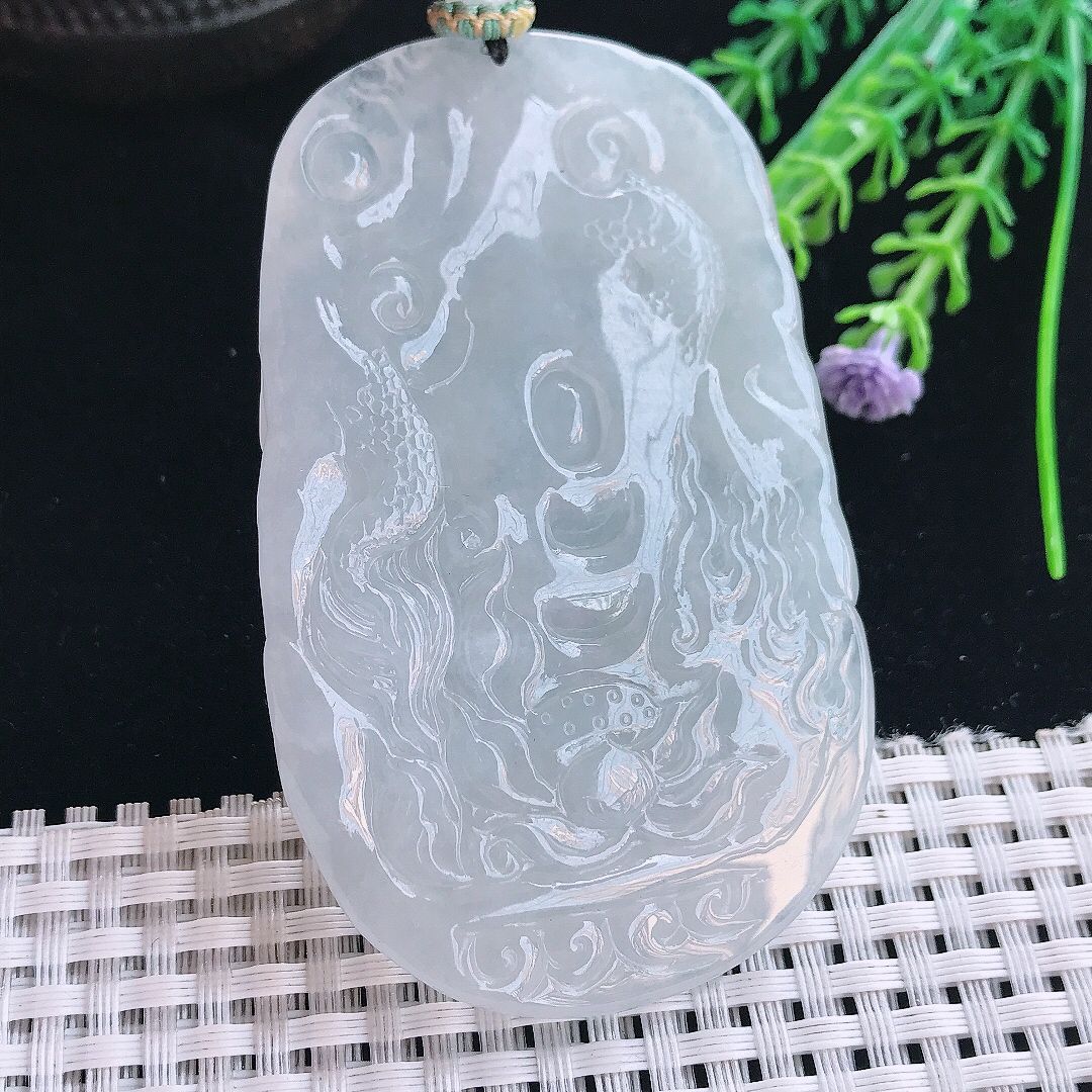 实拍A货翡翠75.5/46.8/11老坑冰胶水灵御龙观音吊坠翡翠挂件