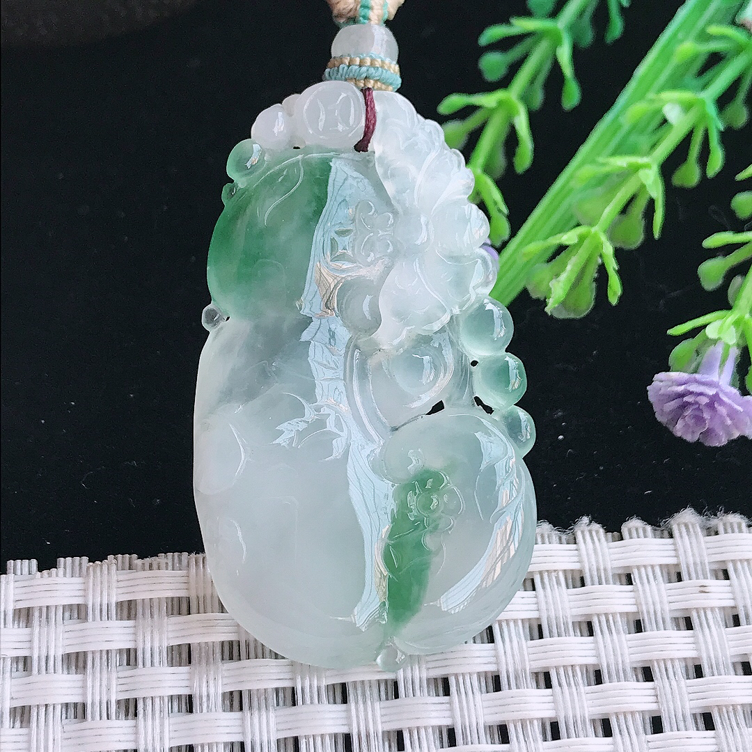 实拍A货翡翠45/28/5.2老坑冰胶果冻冰飘花如意吊坠翡翠挂件