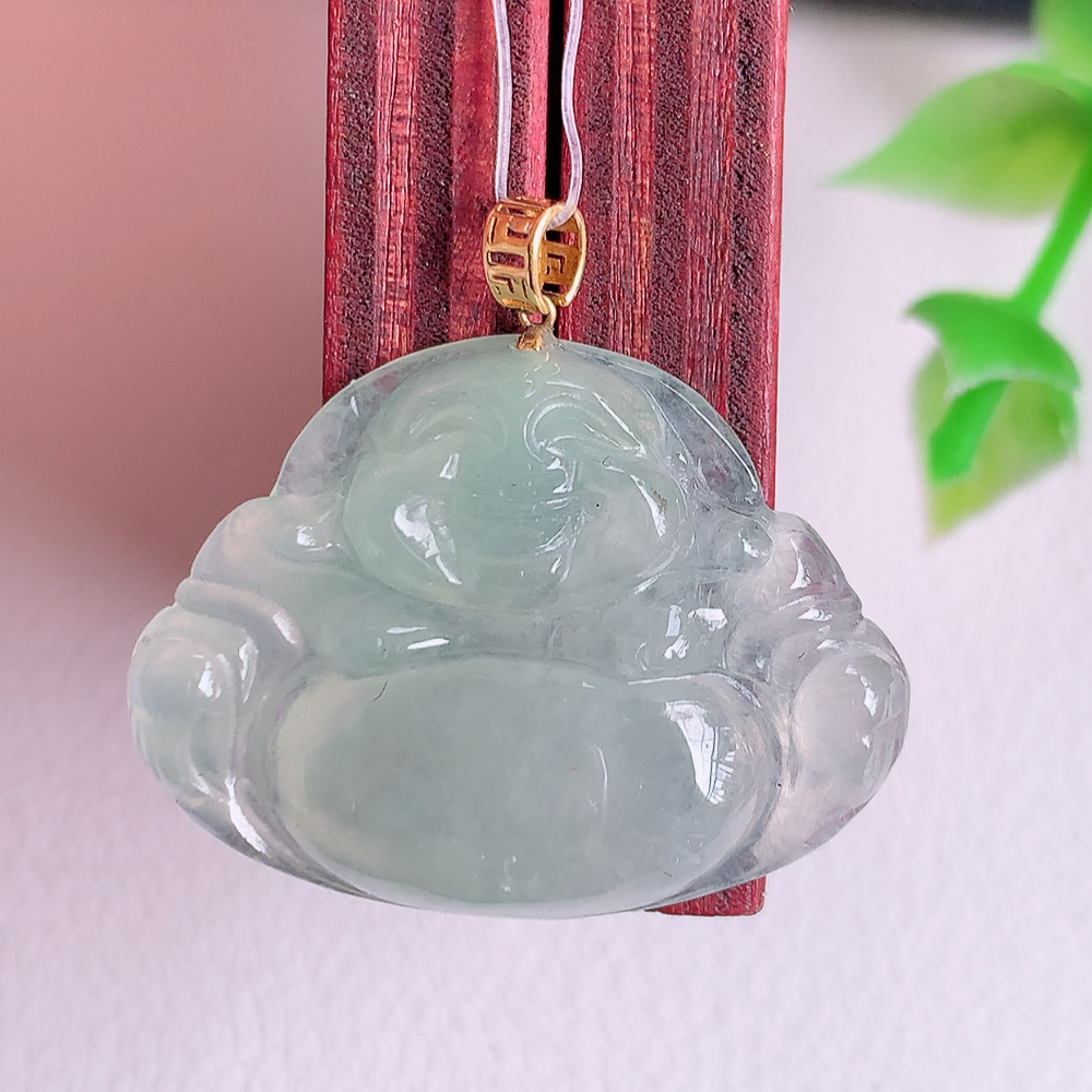 18k金扣冰润佛公挂件 玉质细腻  精雕弥勒佛，笑佛福耳垂肩，面相喜庆，开怀大笑，憨态可掬。惟妙惟肖，寓意福禄双全，吉祥美满，笑口常开 W49.7 尺寸：18-24.5-4.5mm