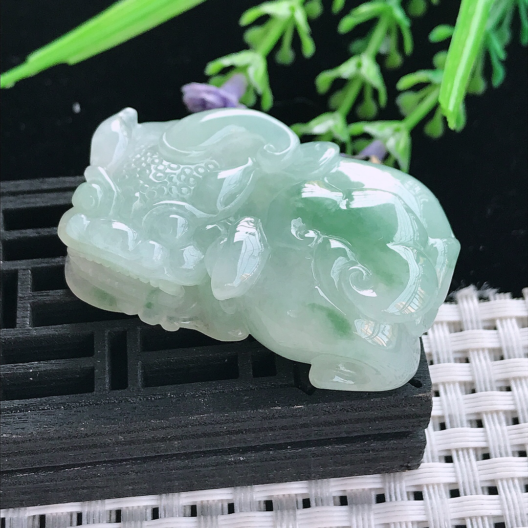 实拍A货翡翠41.8/25/13老坑冰润水灵飘花霸王貔貅吊坠翡翠挂件