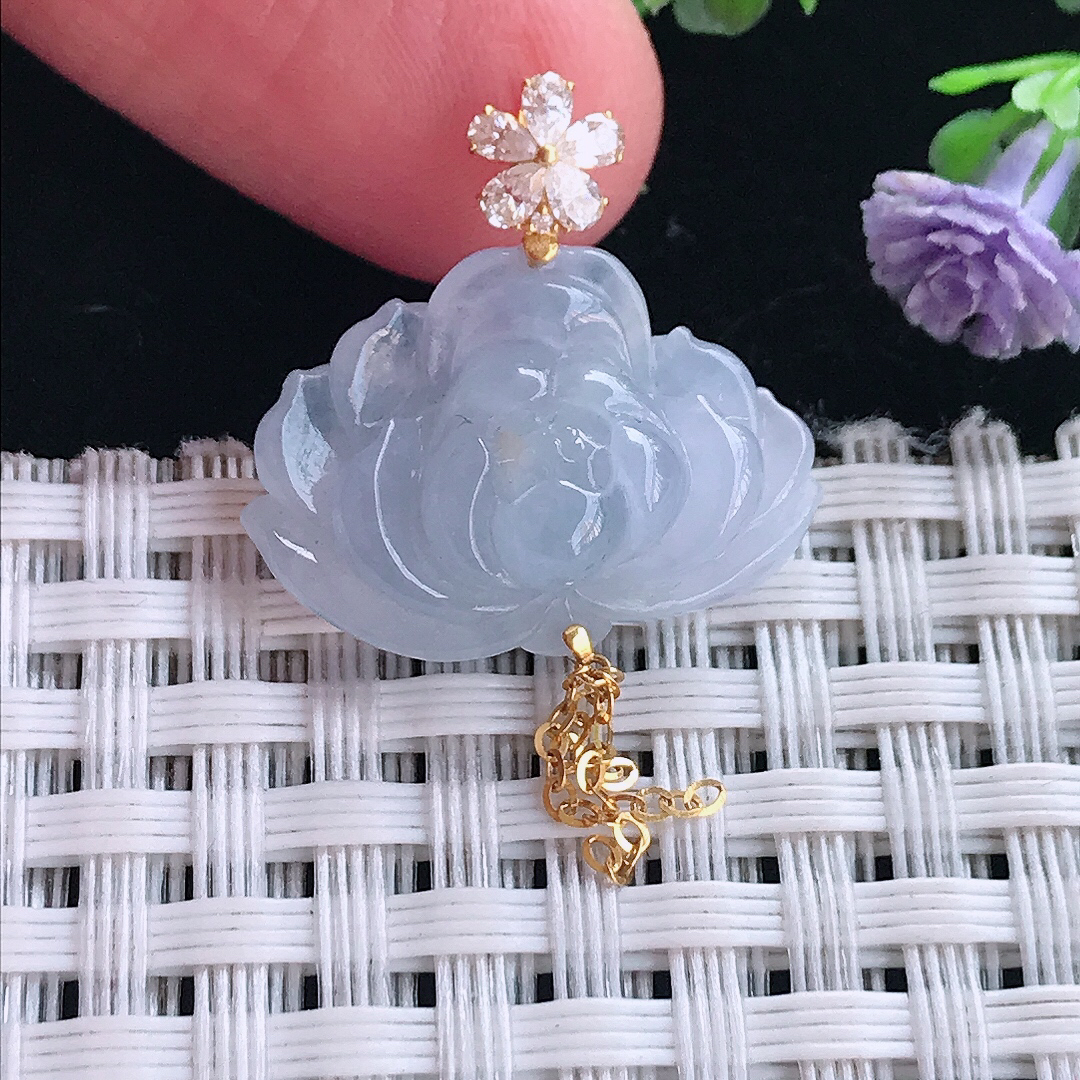 实拍A货翡翠21.7/15/8老坑18k金镶嵌冰润紫罗兰莲花吊坠翡翠挂件