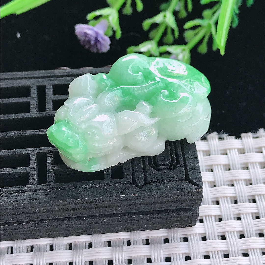 实拍A货翡翠37.2/21.7/12.5老坑温润飘绿貔貅吊坠翡翠挂件