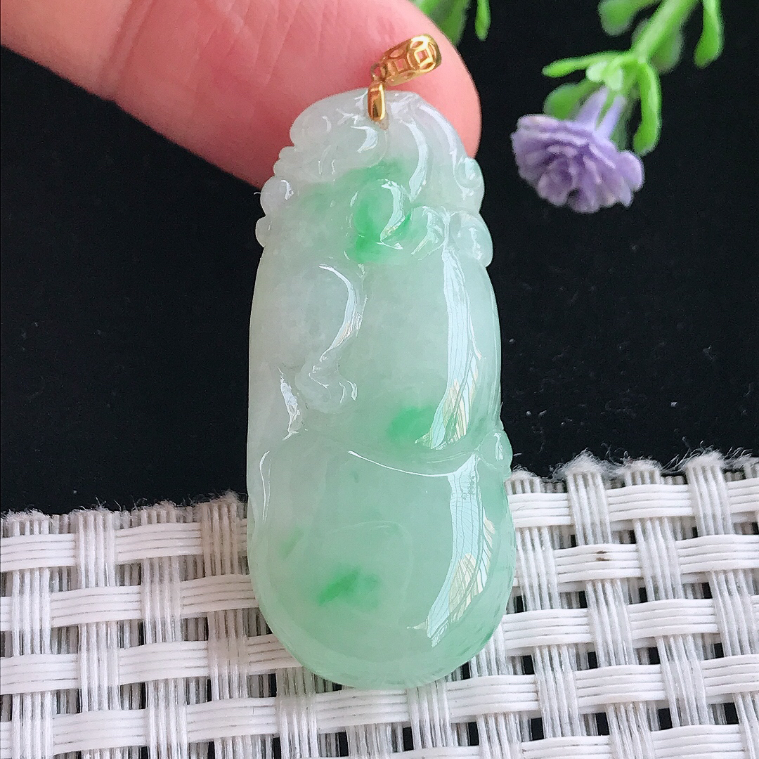 实拍A货翡翠38.5/17.2/5.9老坑18k金镶嵌冰润飘阳绿葫芦吊坠翡翠挂件