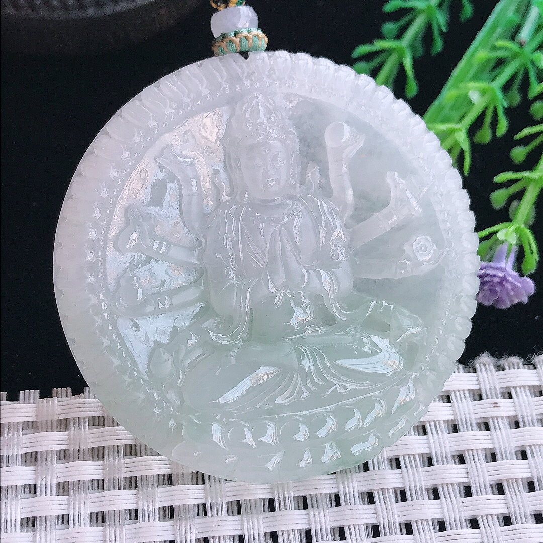 实拍A货翡翠53.5/6.8老坑冰润水灵千手观音吊坠翡翠挂件