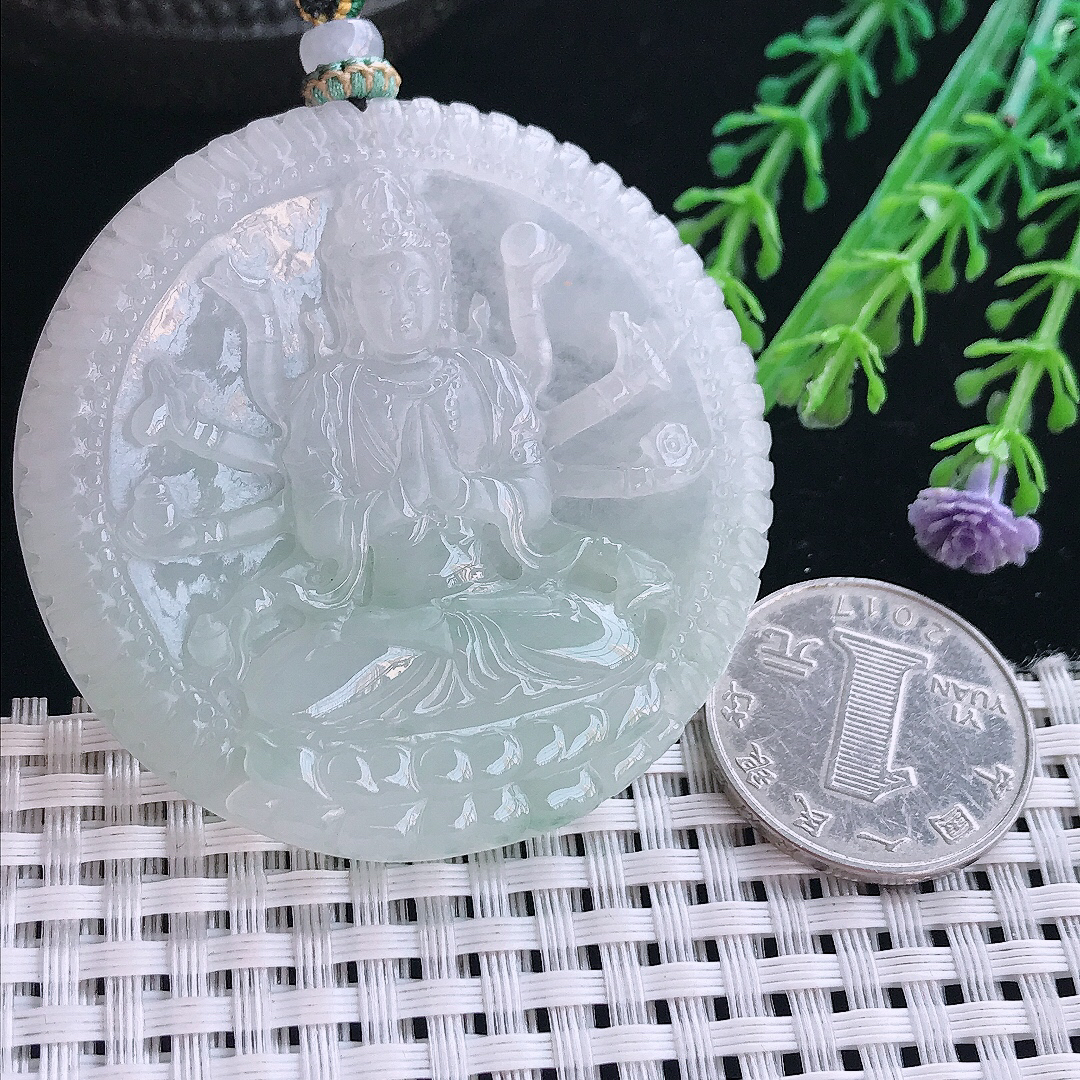 实拍A货翡翠53.5/6.8老坑冰润水灵千手观音吊坠翡翠挂件