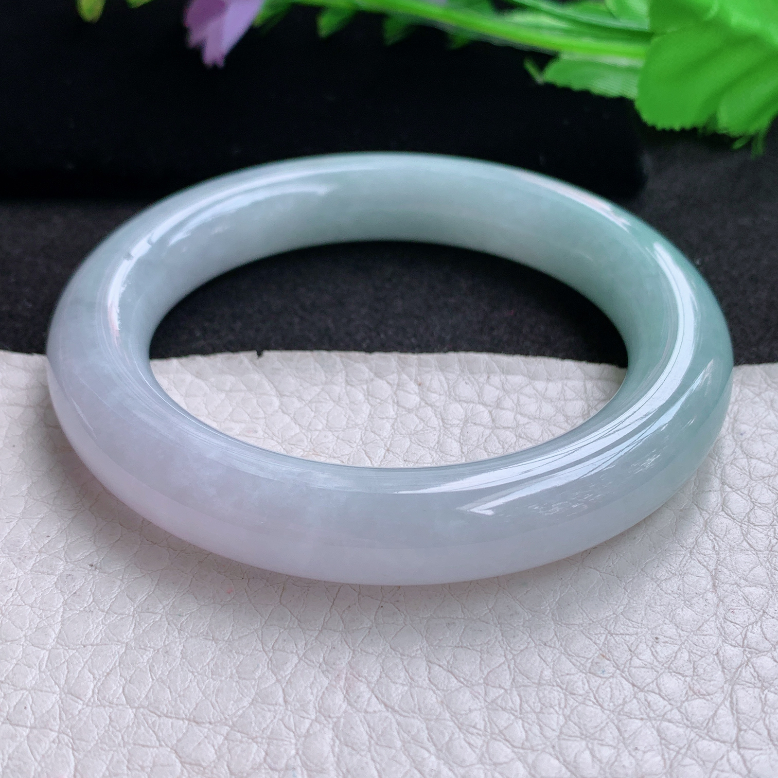 z实拍55*11.2招财镯 天然缅甸翡翠A货玉手镯半山水圆条玉手环