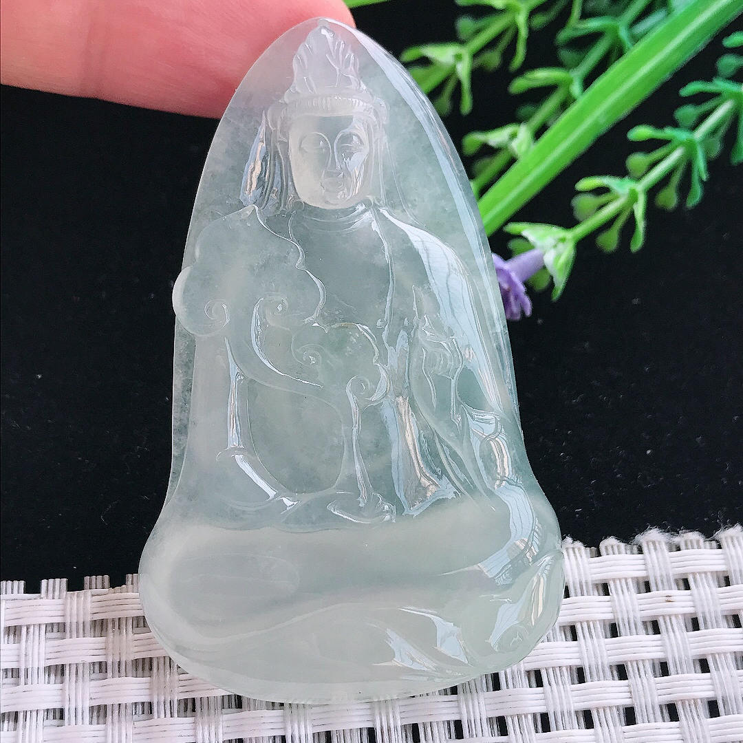 实拍A货翡翠64/40/7.5老坑冰种果冻胶素衣观音吊坠翡翠挂件