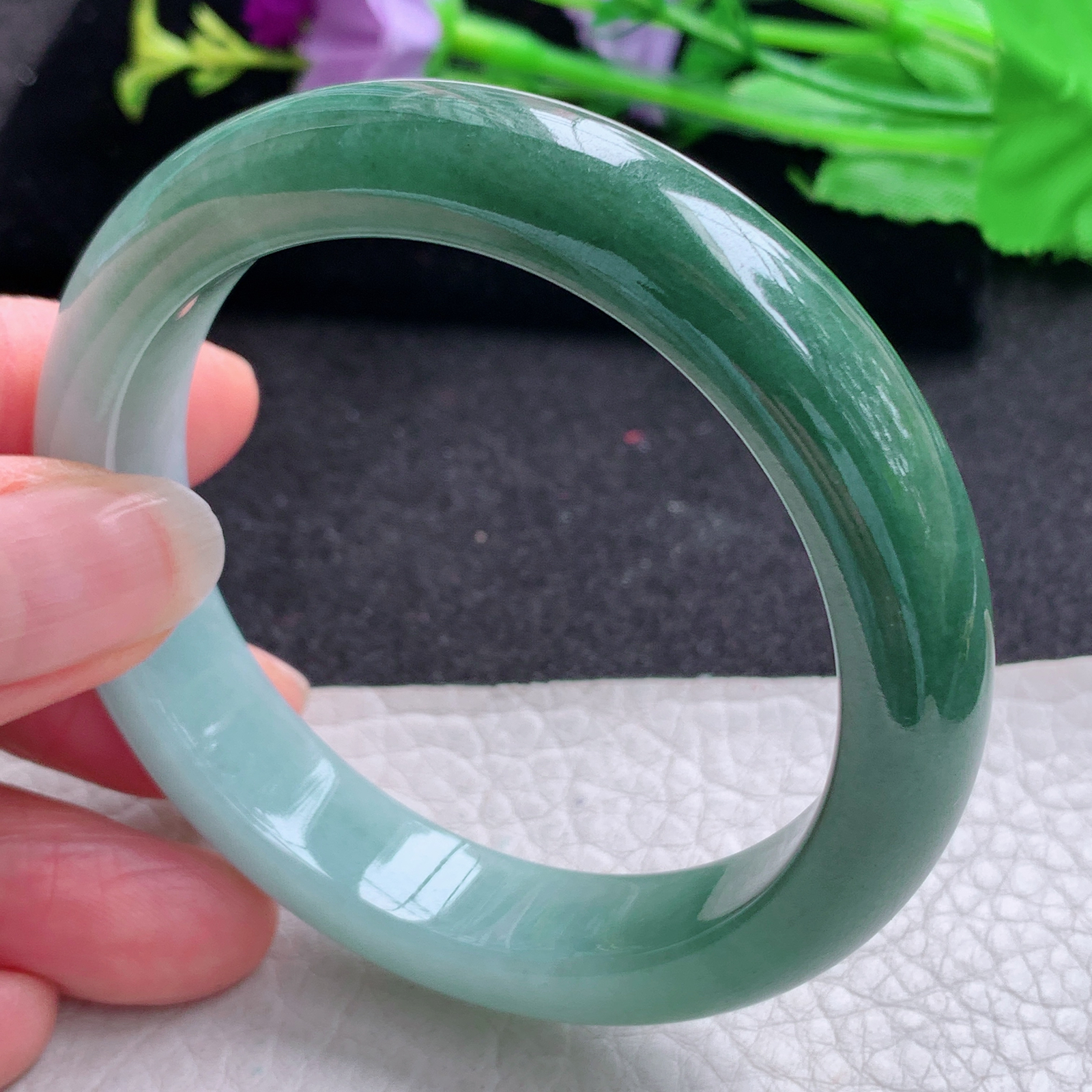 js实拍54*12*8.3招财镯 天然缅甸翡翠A货玉手镯胶感半山半水宽边玉手环