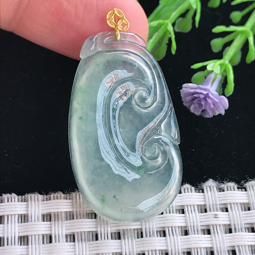 实拍A货翡翠35.3/20.7/4.5老坑18k金镶嵌冰种冰飘花如意吊坠翡翠挂件