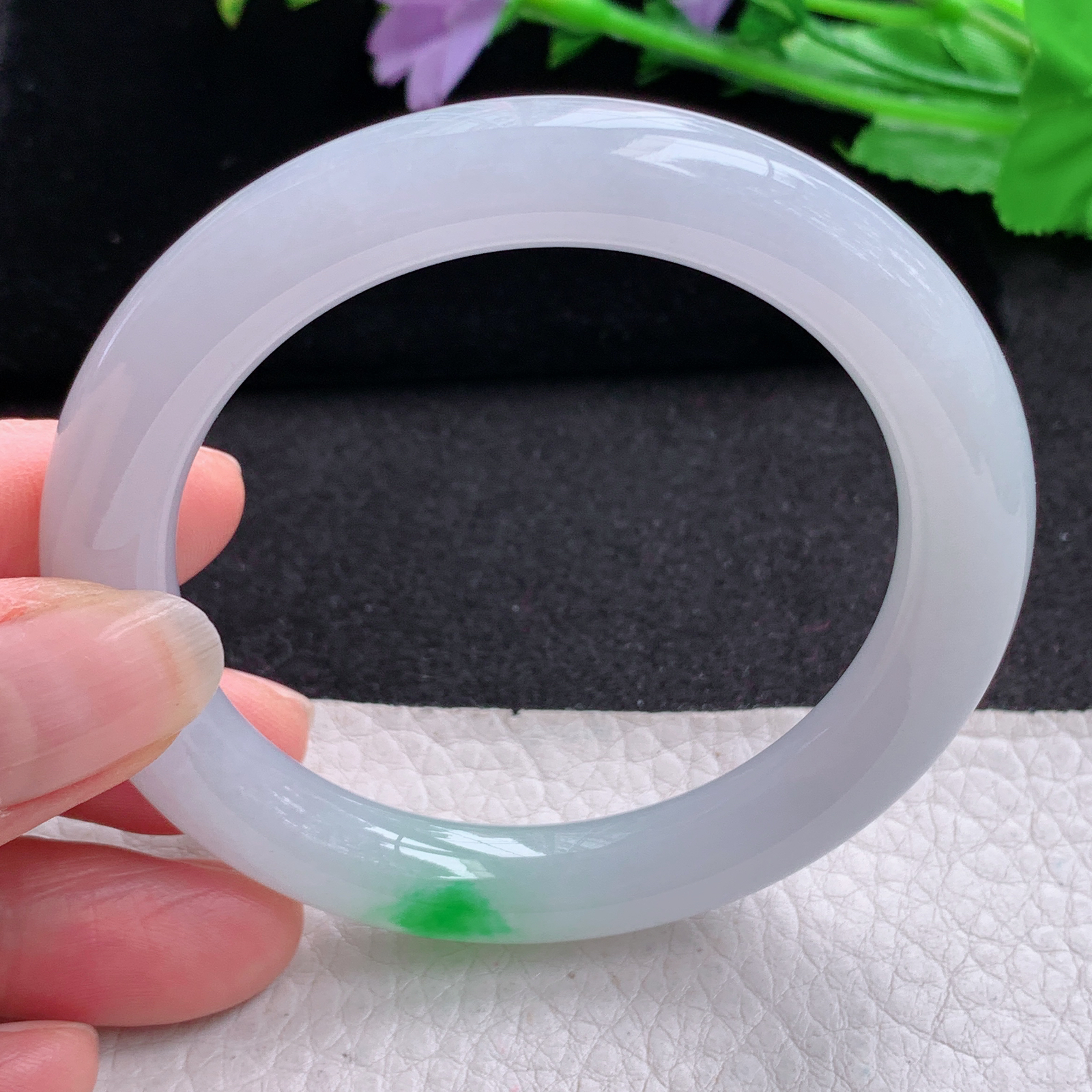 xo实拍54.5*9.8美人镯 天然缅甸翡翠A货玉手镯冰润白底青圆条玉手环