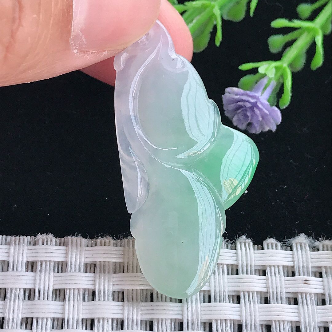 实拍A货翡翠40.3/20.3/6.2老坑冰胶果冻飘绿玉兰花吊坠翡翠挂件