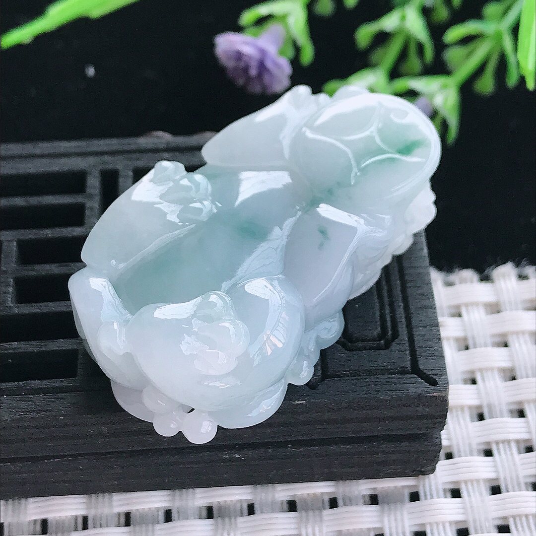 实拍A货翡翠39/22.2/12.8老坑冰润起胶紫罗兰貔貅吊坠翡翠挂件