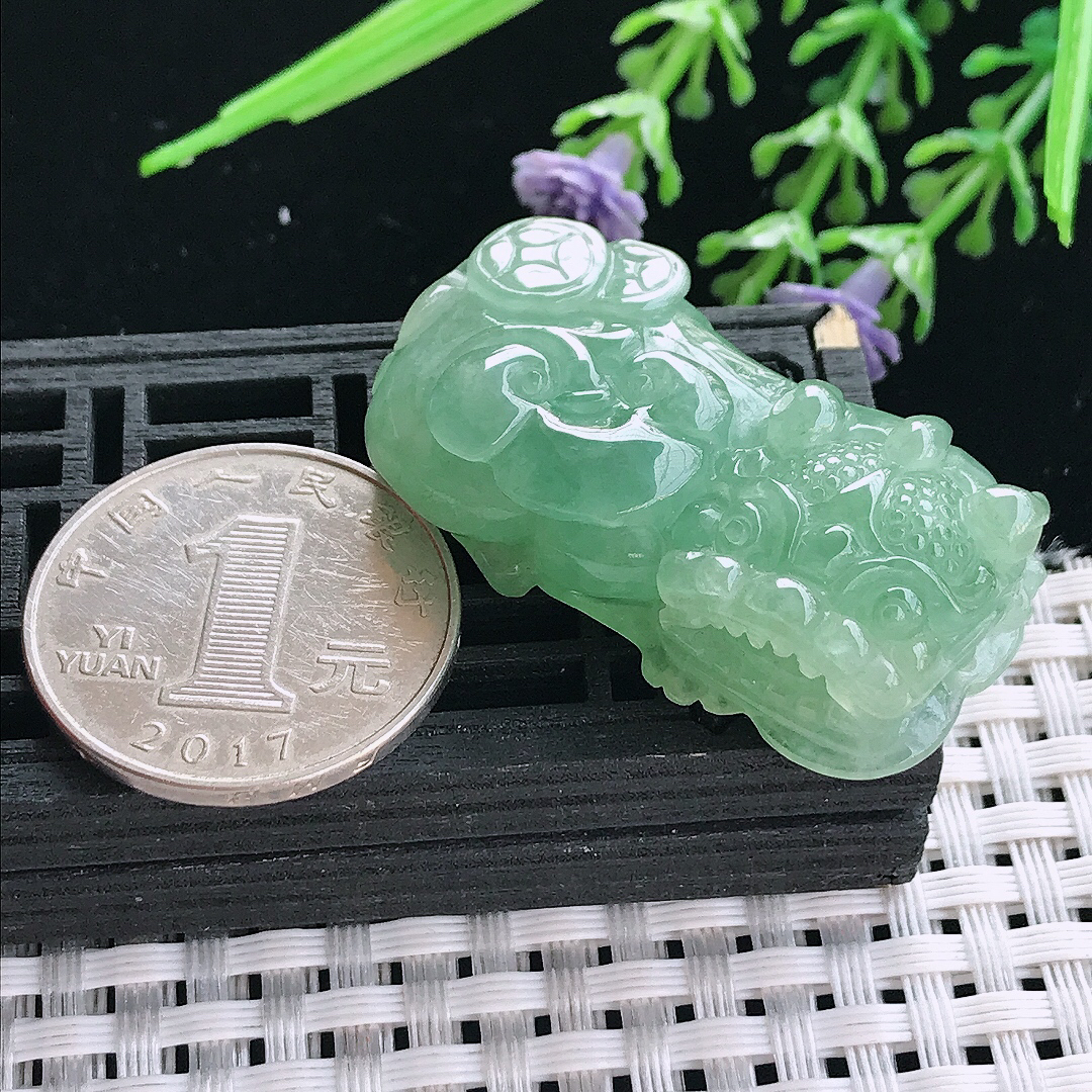 实拍A货翡翠39.8/21.8/12老坑冰胶冰晴绿满绿霸王貔貅吊坠翡翠挂件