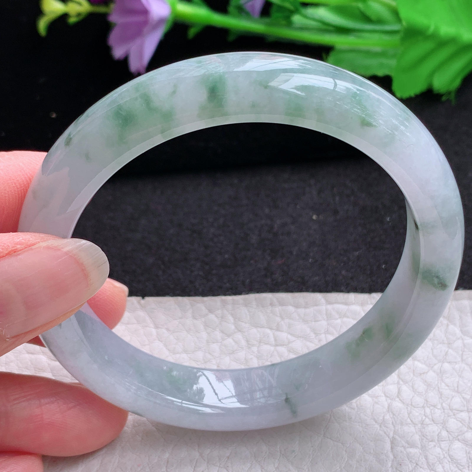 xx实拍58*12.7*8平安镯 天然缅甸翡翠A货玉手镯牛奶底冰飘花宽边玉手环