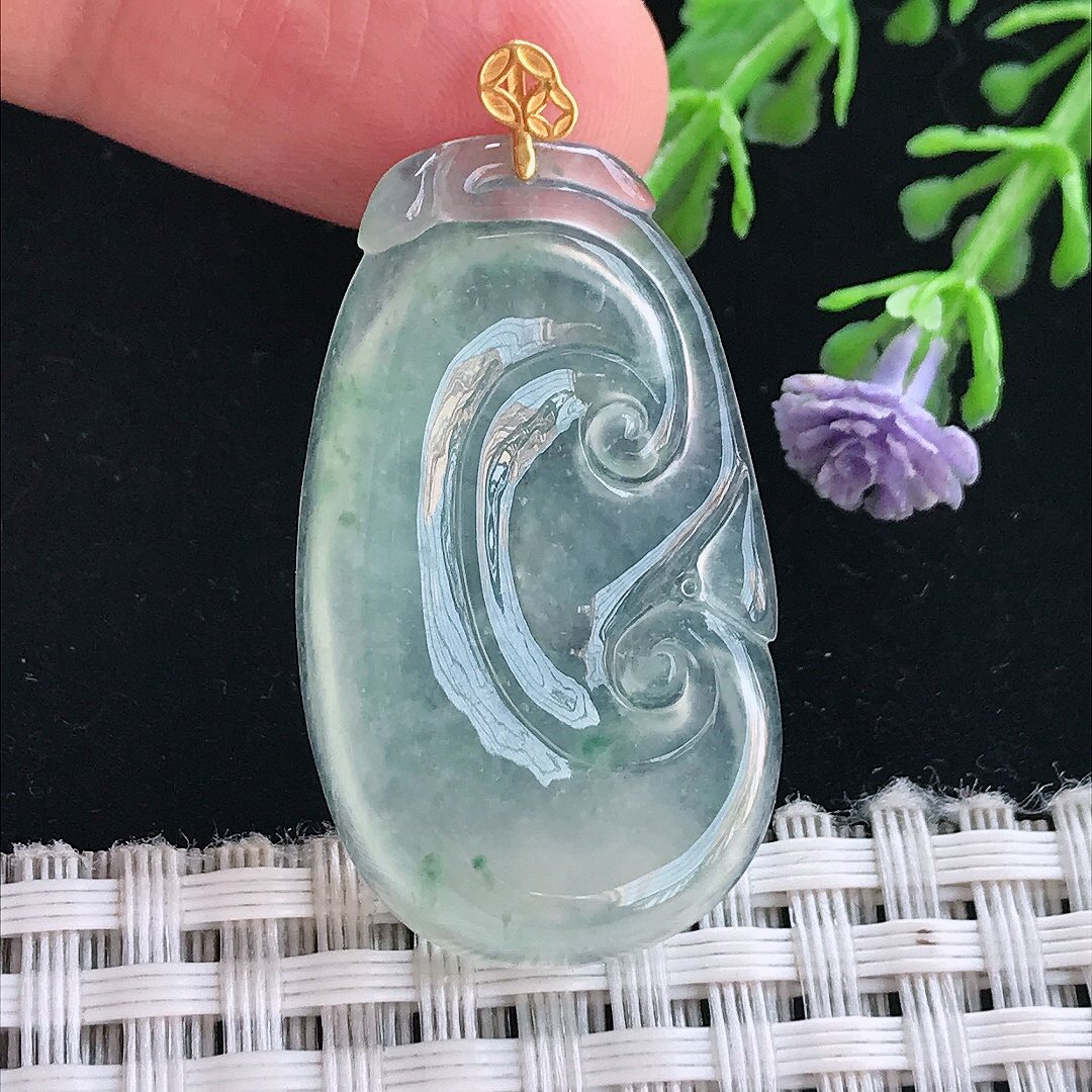 实拍A货翡翠35.3/20.7/4.5老坑18k金镶嵌冰种冰飘花如意吊坠翡翠挂件