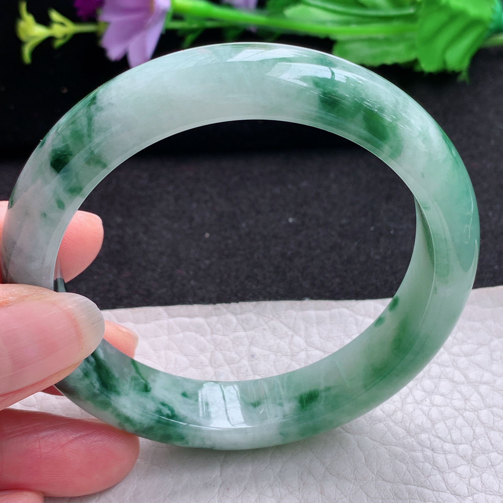 yw 实拍57.5*12.7*8.5平安镯 天然缅甸翡翠A货玉手镯胶感飘花宽边玉手环