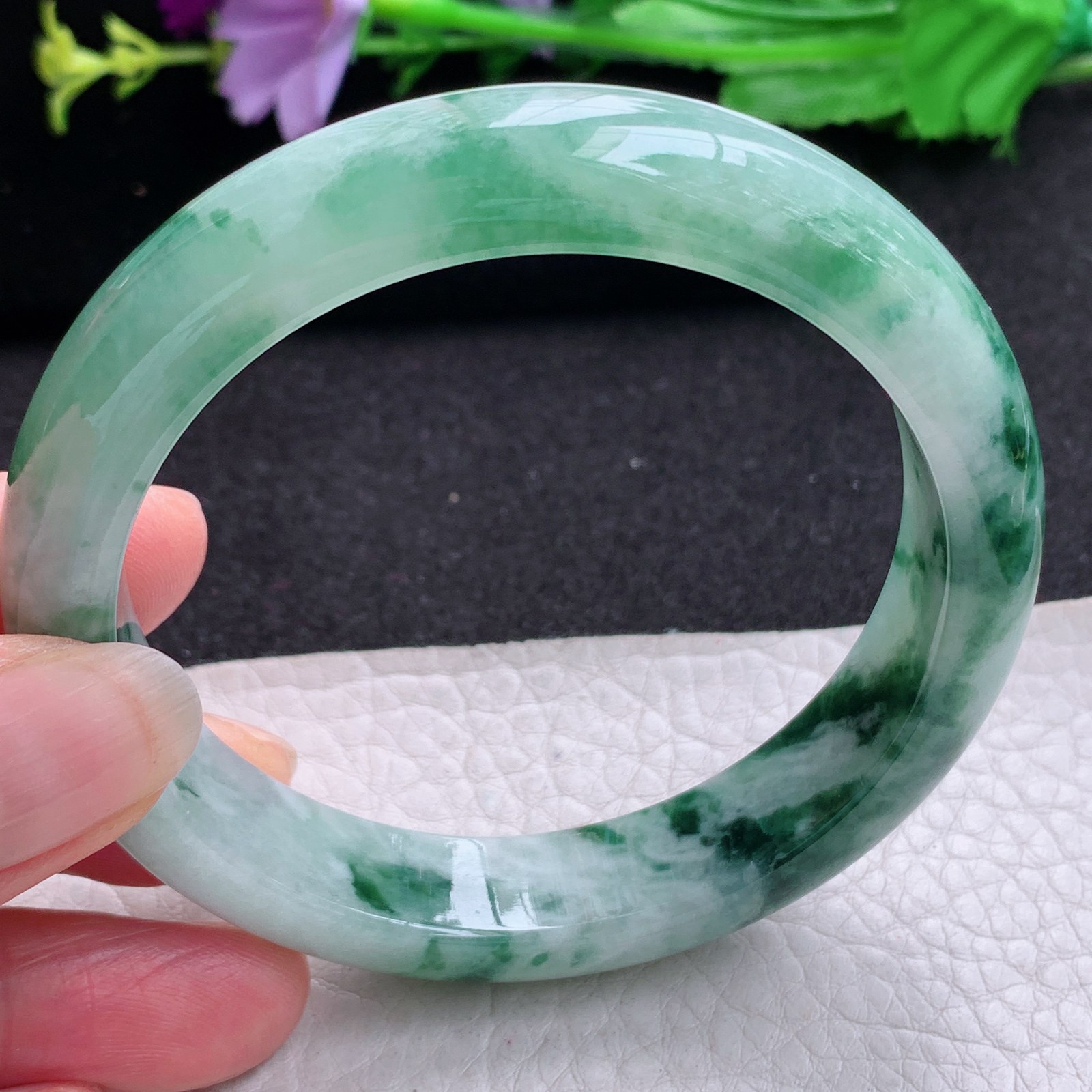 yw 实拍57.5*12.7*8.5平安镯 天然缅甸翡翠A货玉手镯胶感飘花宽边玉手环
