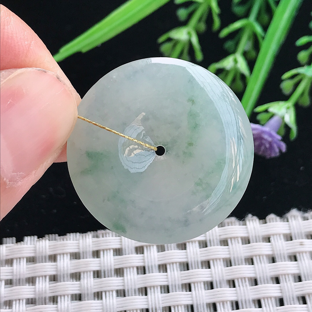 实拍A货翡翠29.5/5.9老坑冰胶飘花平安扣吊坠翡翠玉扣挂件