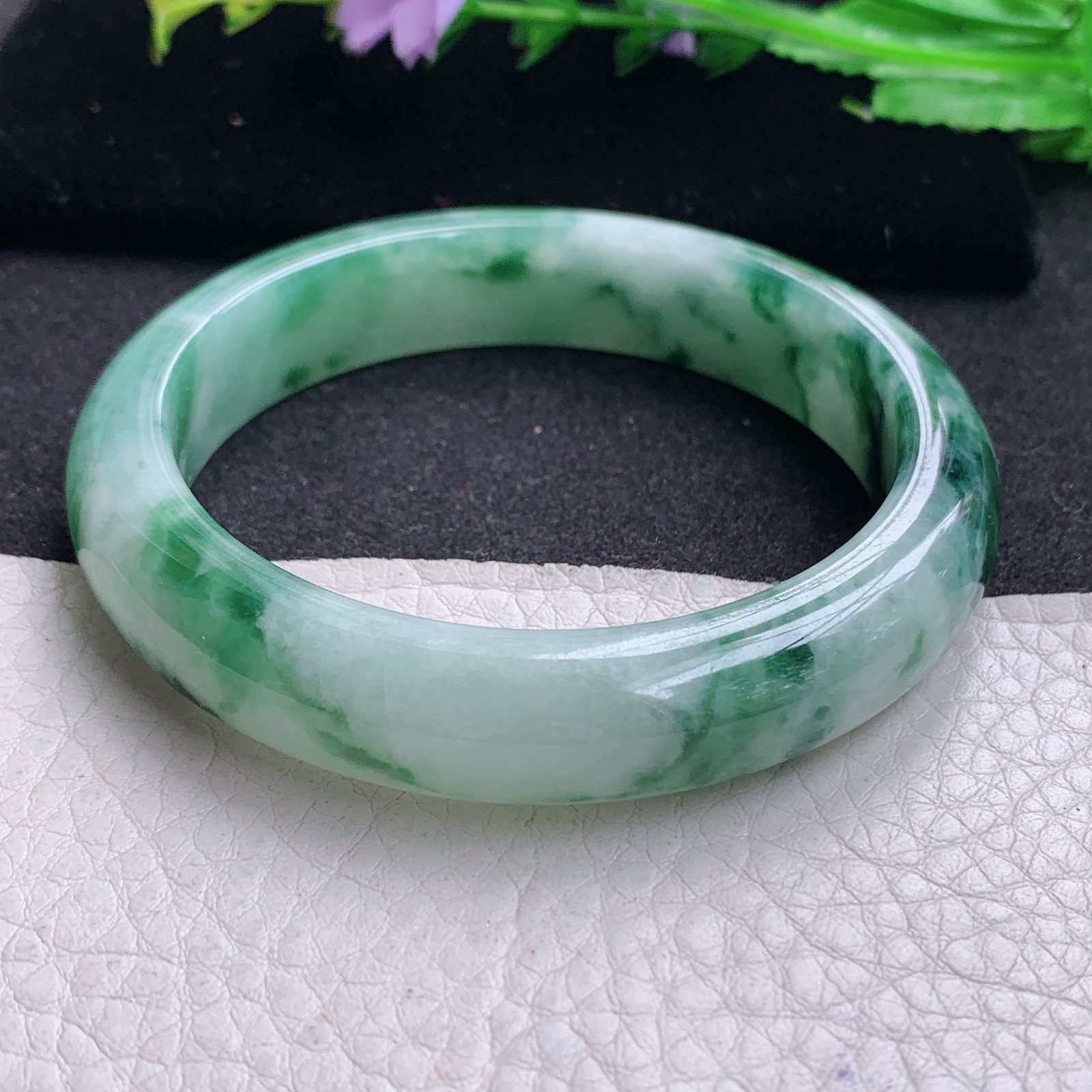 yw 实拍57.5*12.7*8.5平安镯 天然缅甸翡翠A货玉手镯胶感飘花宽边玉手环