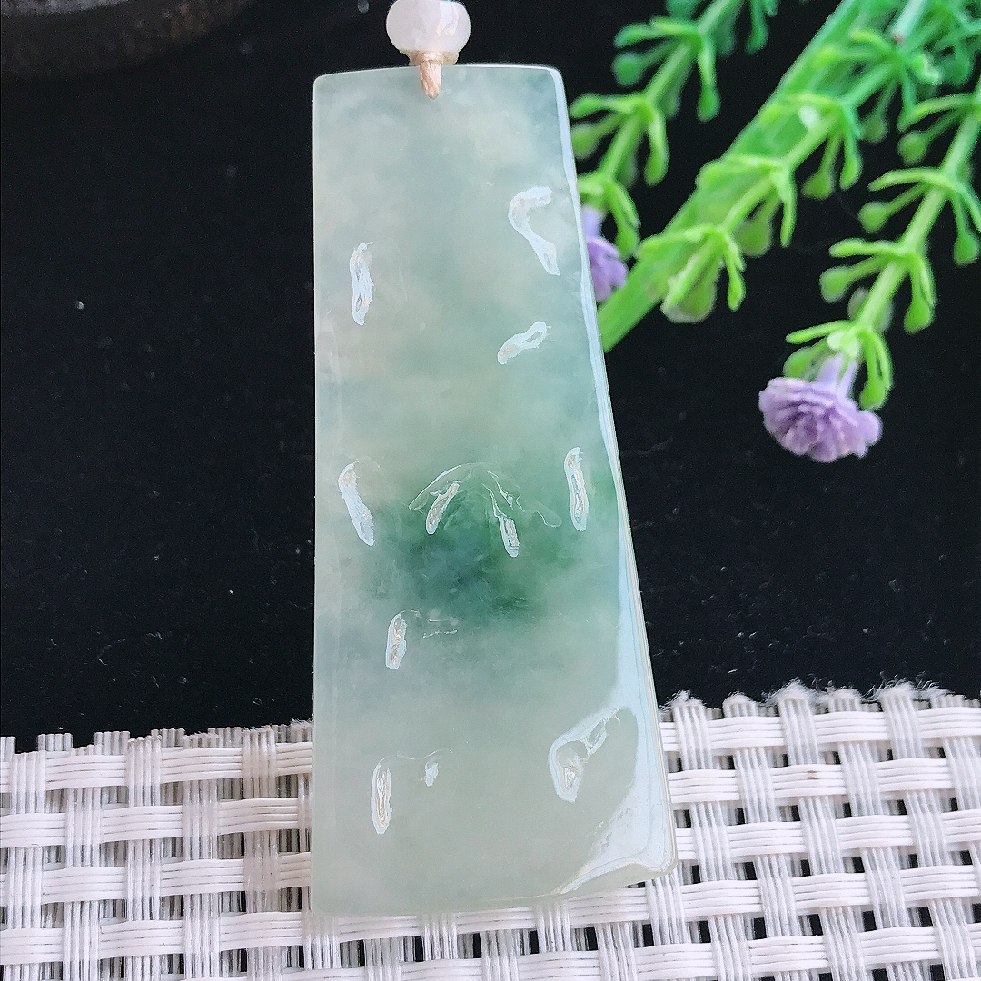 实拍A货翡翠59/26/6老坑冰胶飘花山水牌吊坠翡翠挂件