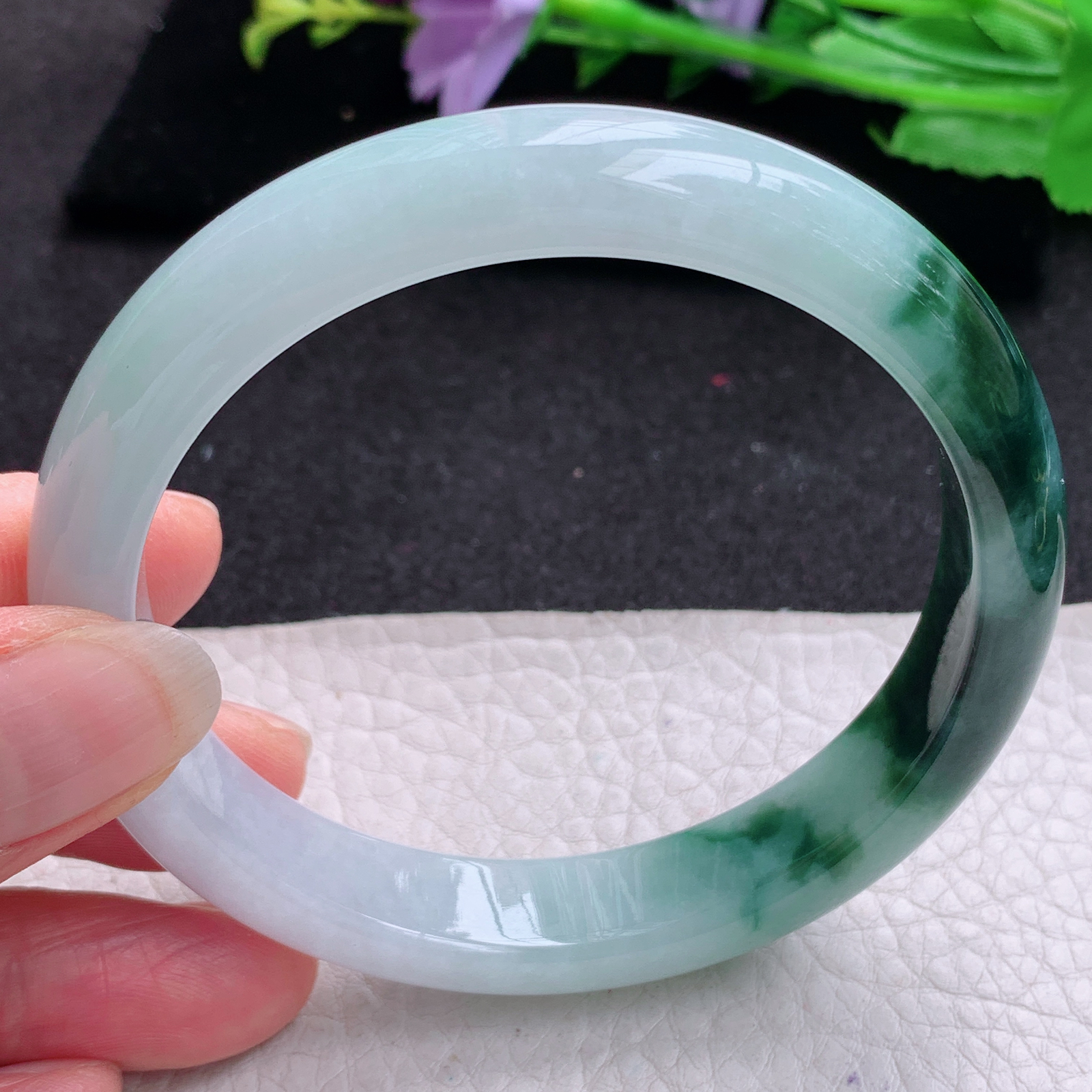 js大圈口60*12*7.8招财镯 天然缅甸翡翠A货玉手镯飘花半山半水宽边玉手环