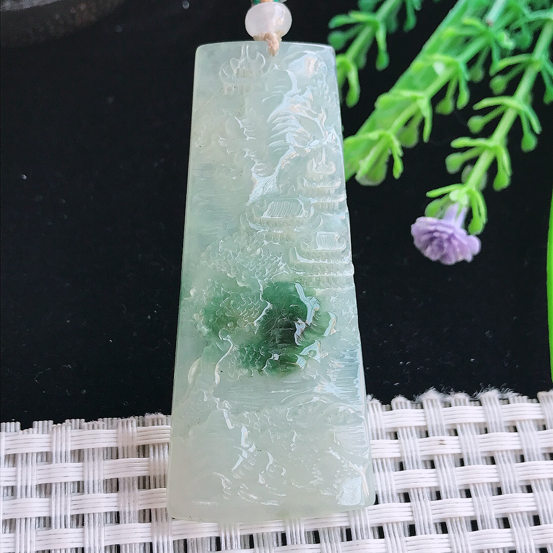 实拍A货翡翠59/26/6老坑冰胶飘花山水牌吊坠翡翠挂件