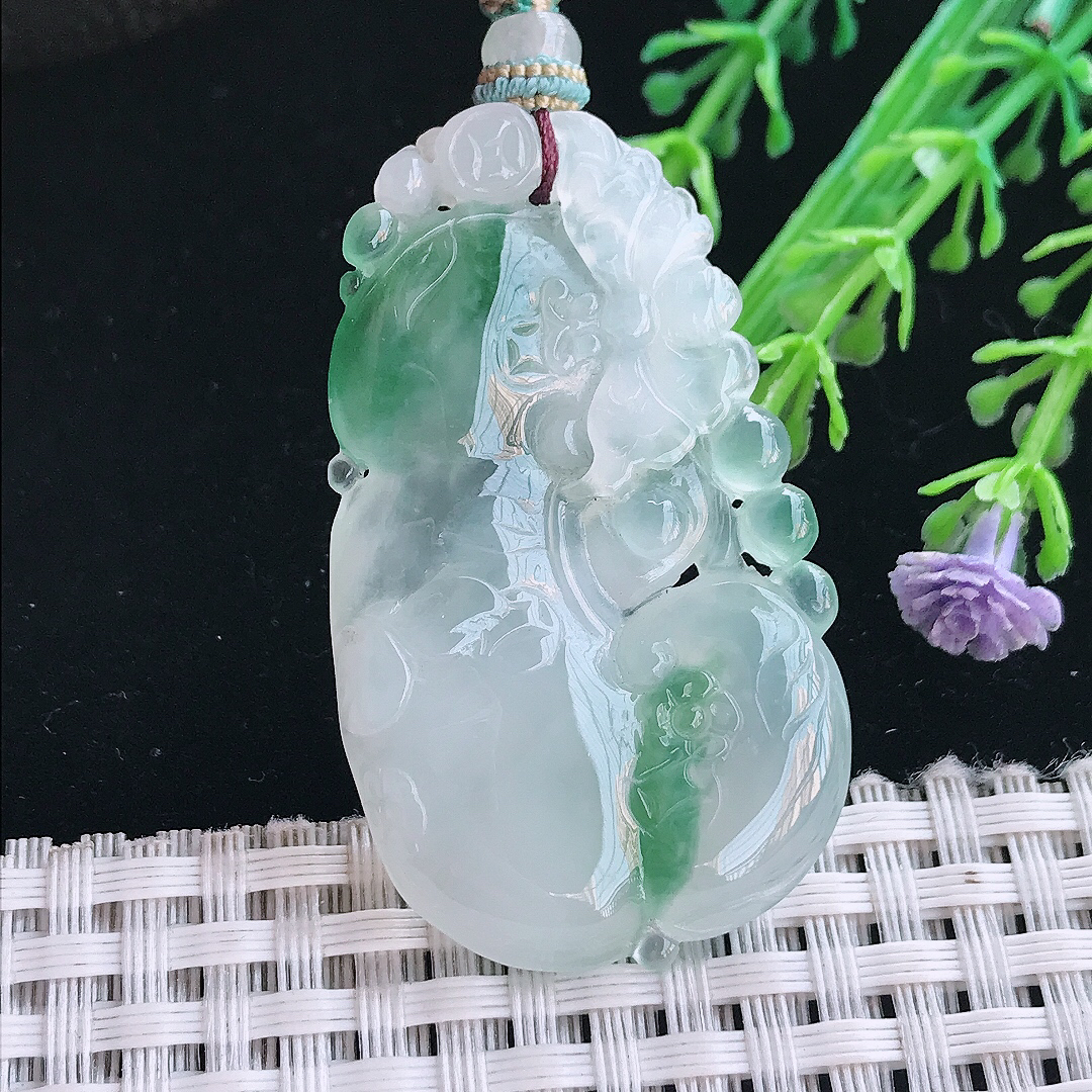实拍A货翡翠45/28/5.2老坑冰胶果冻冰飘花如意吊坠翡翠挂件