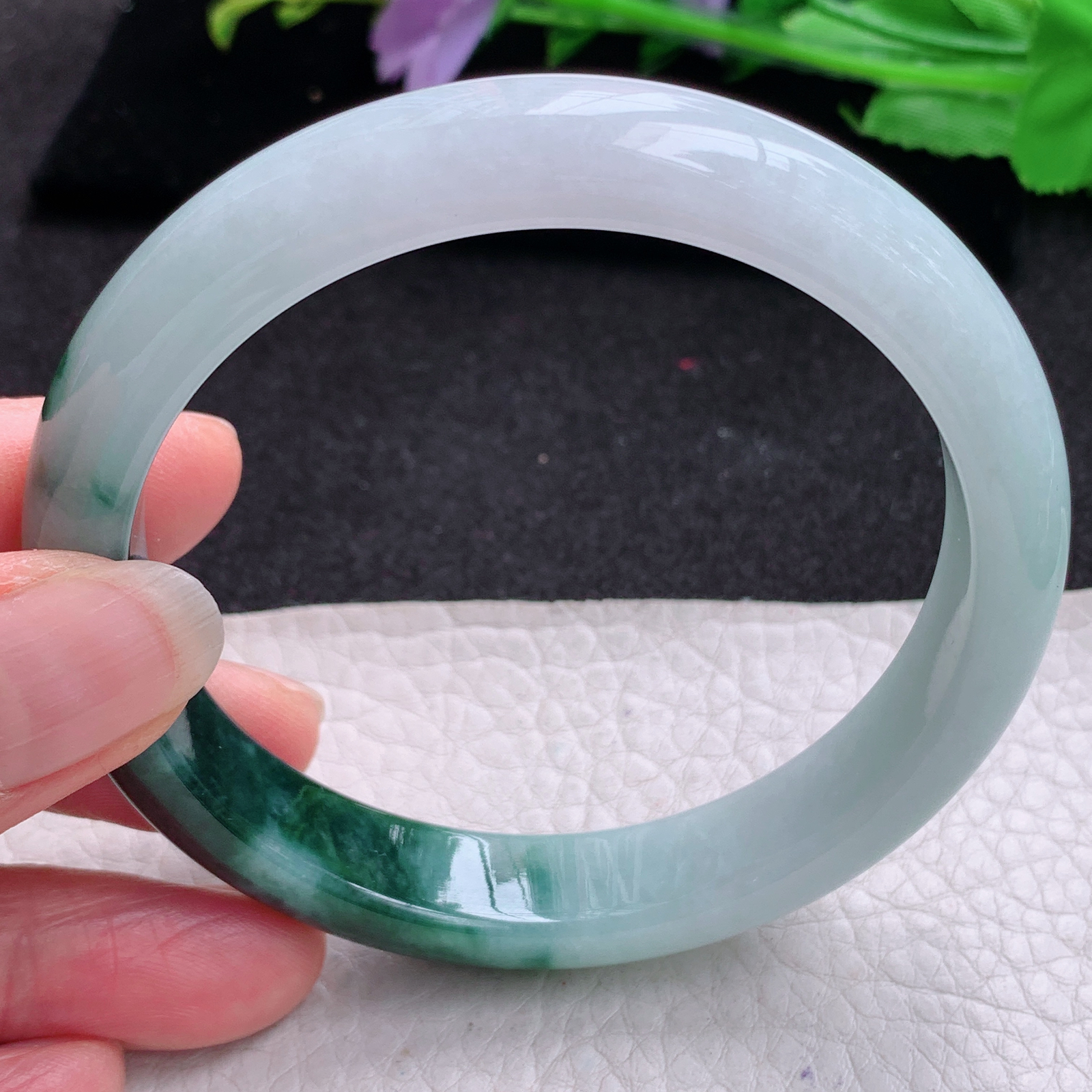 js大圈口60*12*7.8招财镯 天然缅甸翡翠A货玉手镯飘花半山半水宽边玉手环