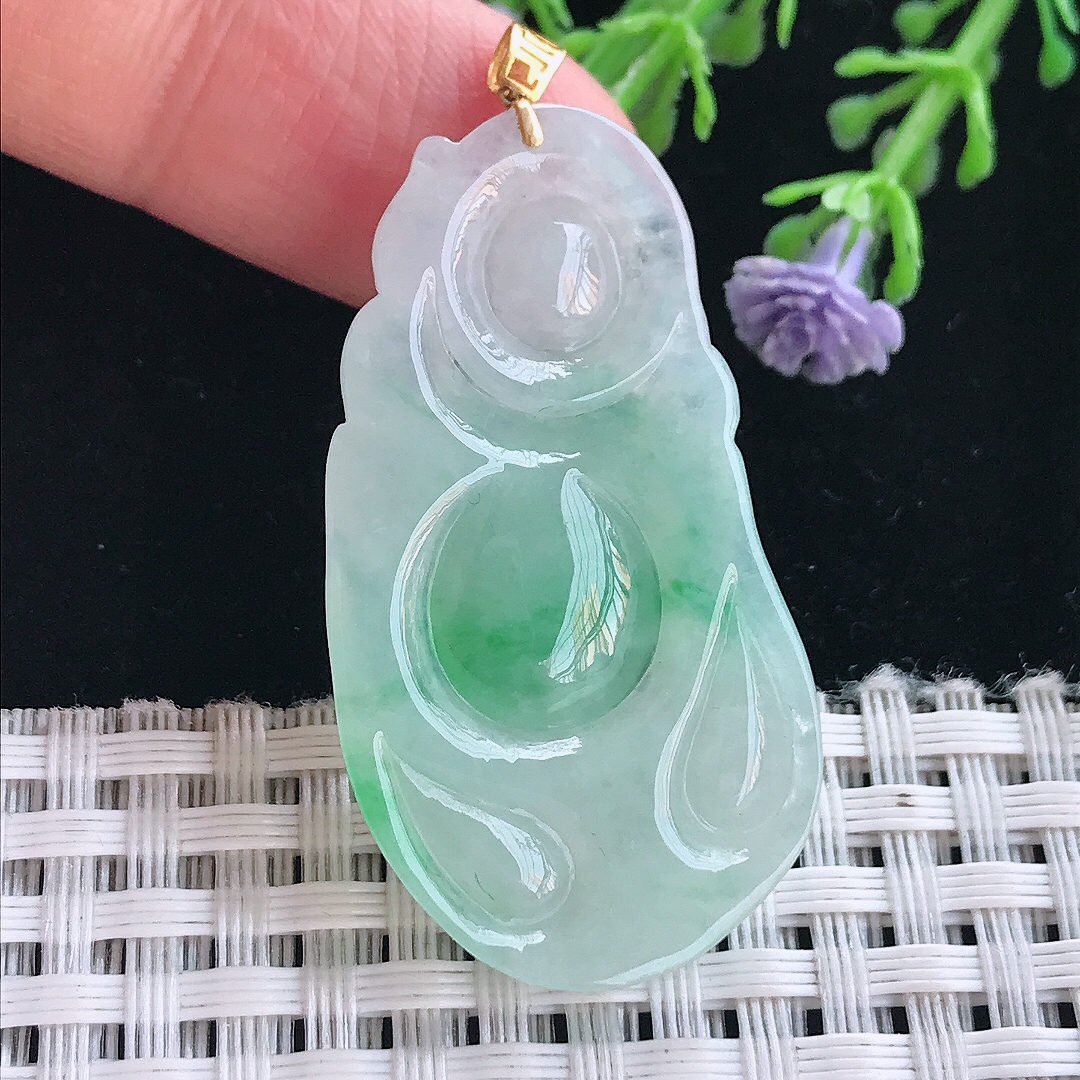 实拍A货翡翠42/23/5.5老坑18k金镶嵌飘绿布袋佛吊坠翡翠玉佛挂件