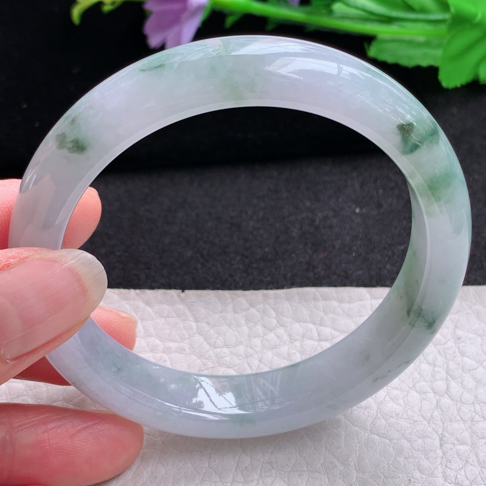 xx实拍58*12.7*8平安镯 天然缅甸翡翠A货玉手镯牛奶底冰飘花宽边玉手环