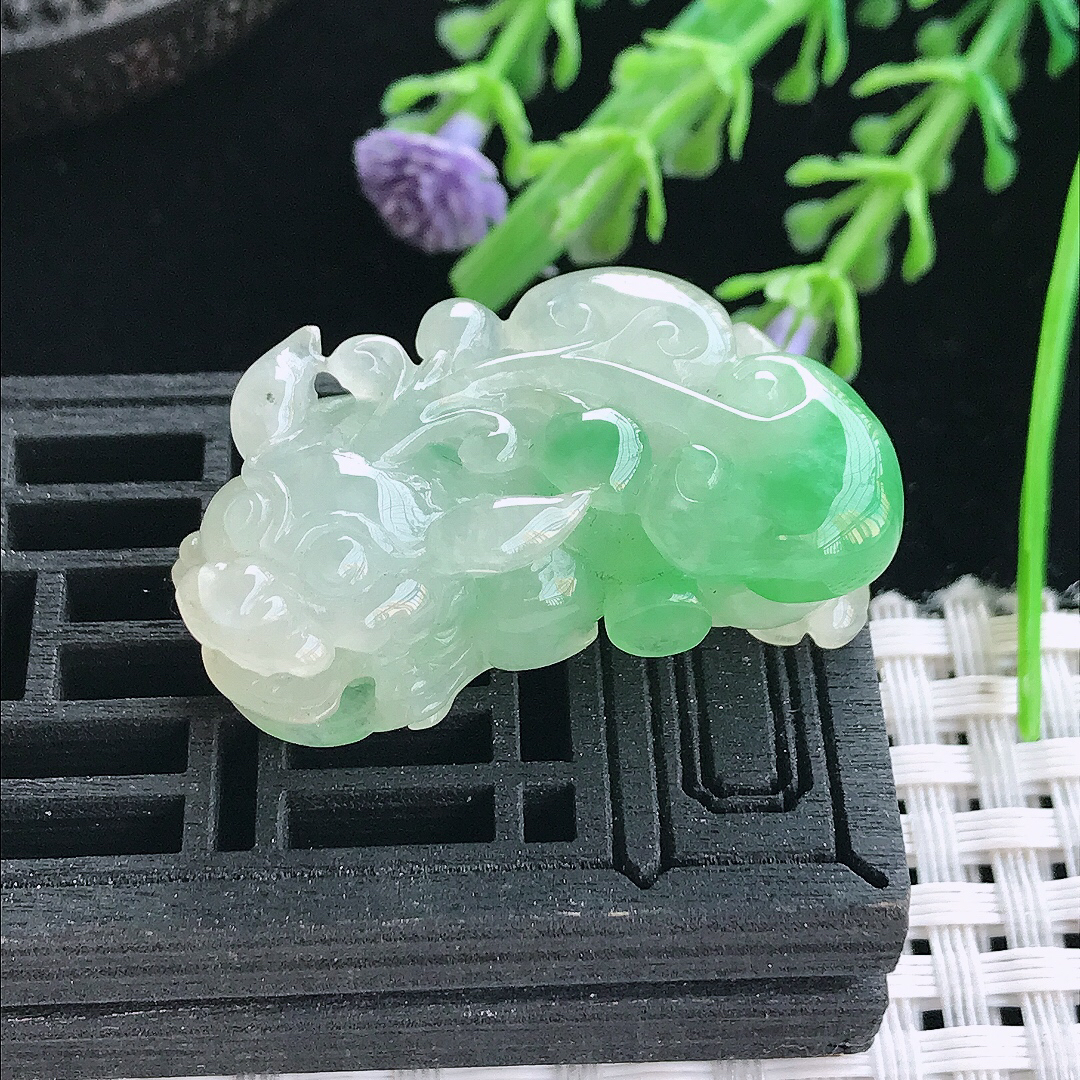 实拍A货翡翠35.5/18.2/13.5老坑冰胶飘阳绿貔貅吊坠翡翠挂件