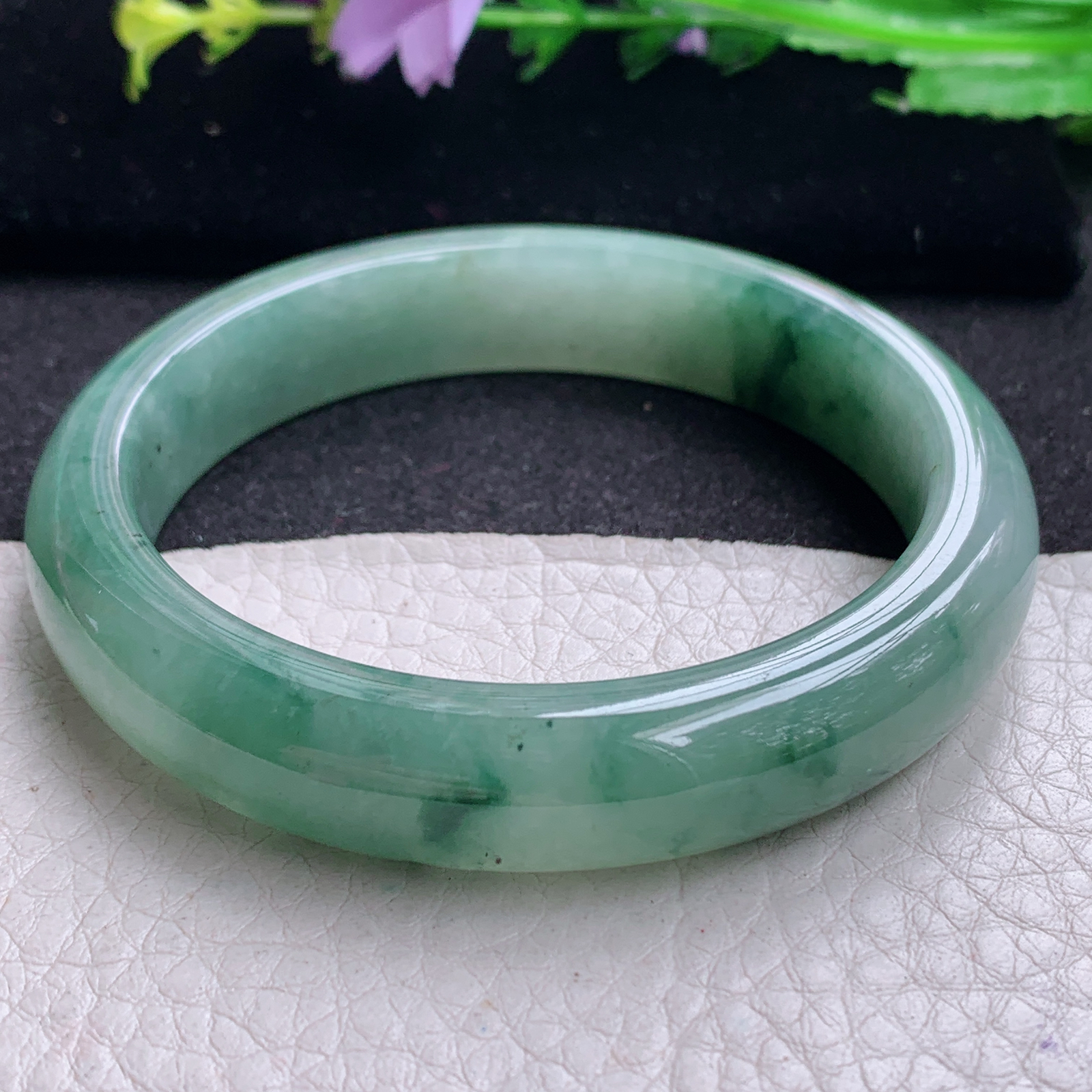 ss实拍57*12*8平安镯 天然缅甸翡翠A货玉手镯胶感飘花宽边玉手环