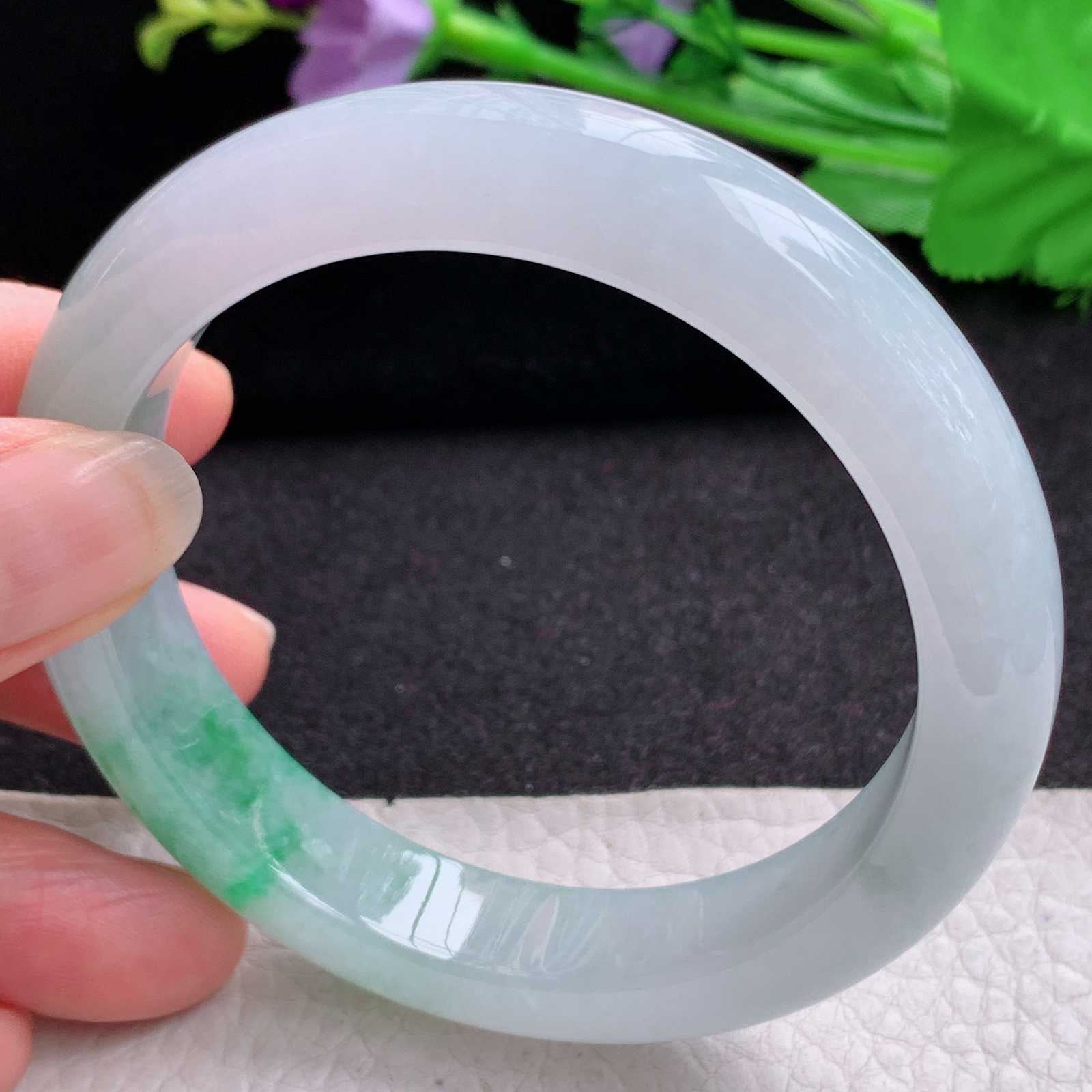 xo实拍58*12.5*8.8平安镯 天然缅甸翡翠A货玉手镯冰润白底青宽边玉手环