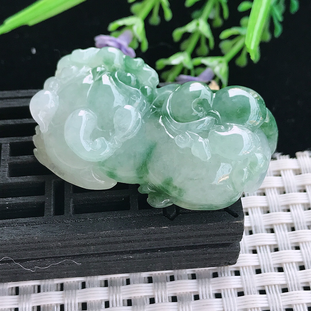 实拍A货翡翠44.5/24.8/12.8老坑冰润起胶冰飘花霸王貔貅吊坠翡翠挂件