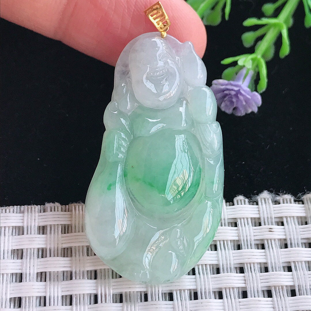 实拍A货翡翠42/23/5.5老坑18k金镶嵌飘绿布袋佛吊坠翡翠玉佛挂件
