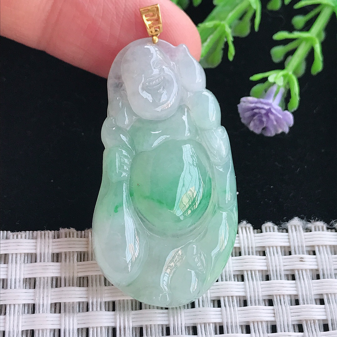 实拍A货翡翠42/23/5.5老坑18k金镶嵌飘绿布袋佛吊坠翡翠玉佛挂件