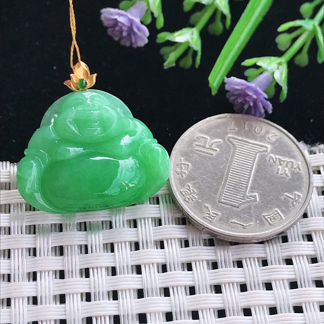 实拍A货翡翠20.8/25.5/6老坑18k金镶嵌满阳绿佛公吊坠翡翠挂件
